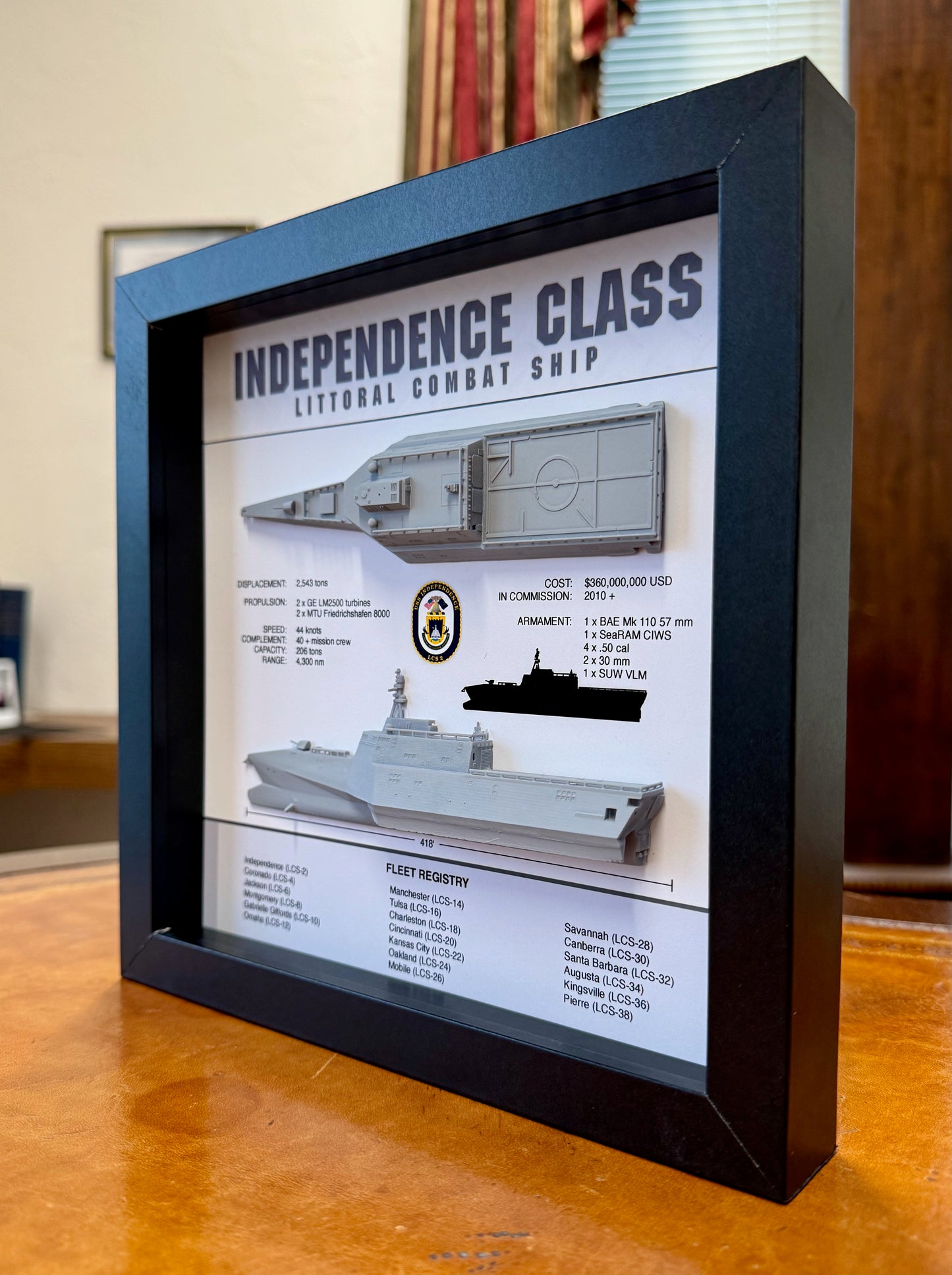 Independence Class Memorial Display Shadow Box, Littoral Combat Ship, 9" x 9", Black