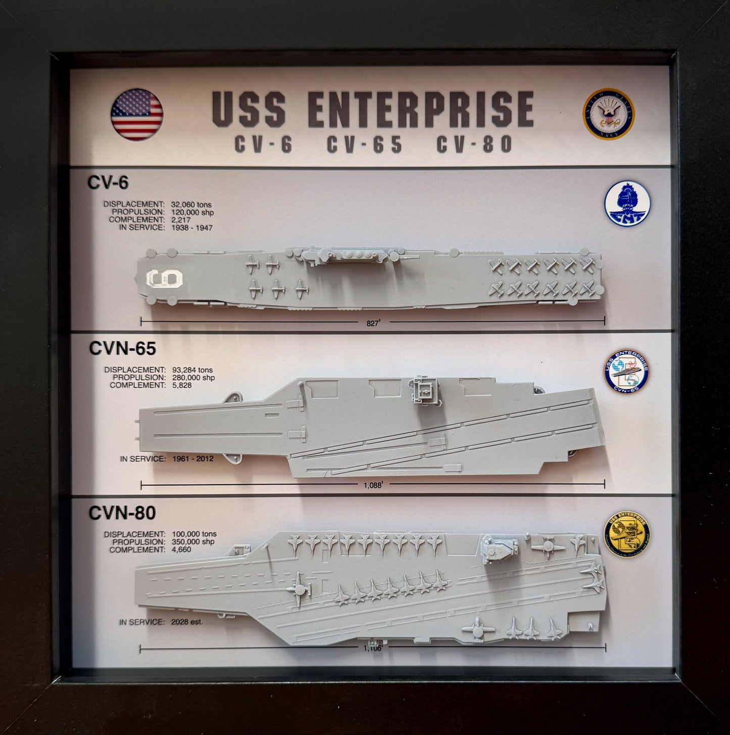 Enterprise Legacy Display Shadow Box, CV-6, CVN-65, CVN-80, 9" x 9", Deck