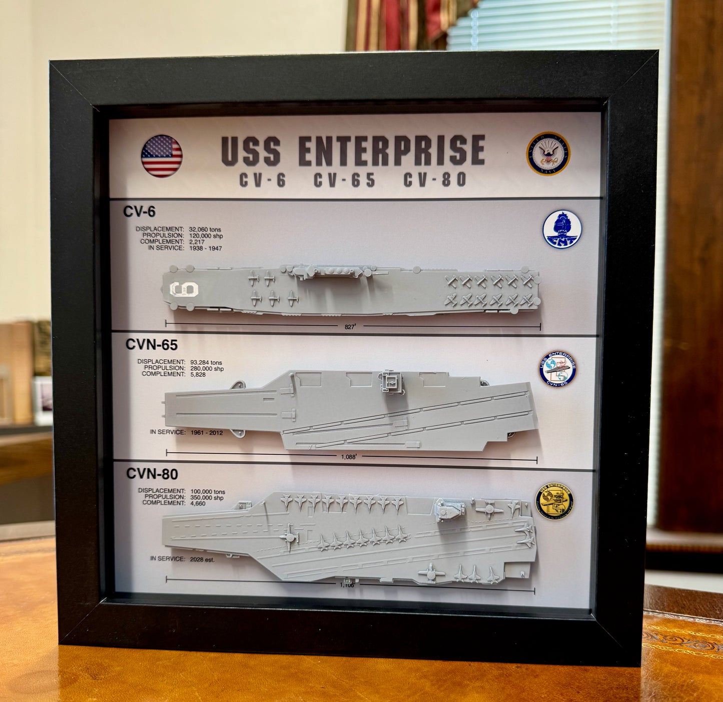 Enterprise Legacy Display Shadow Box, CV-6, CVN-65, CVN-80, 9" x 9", Deck