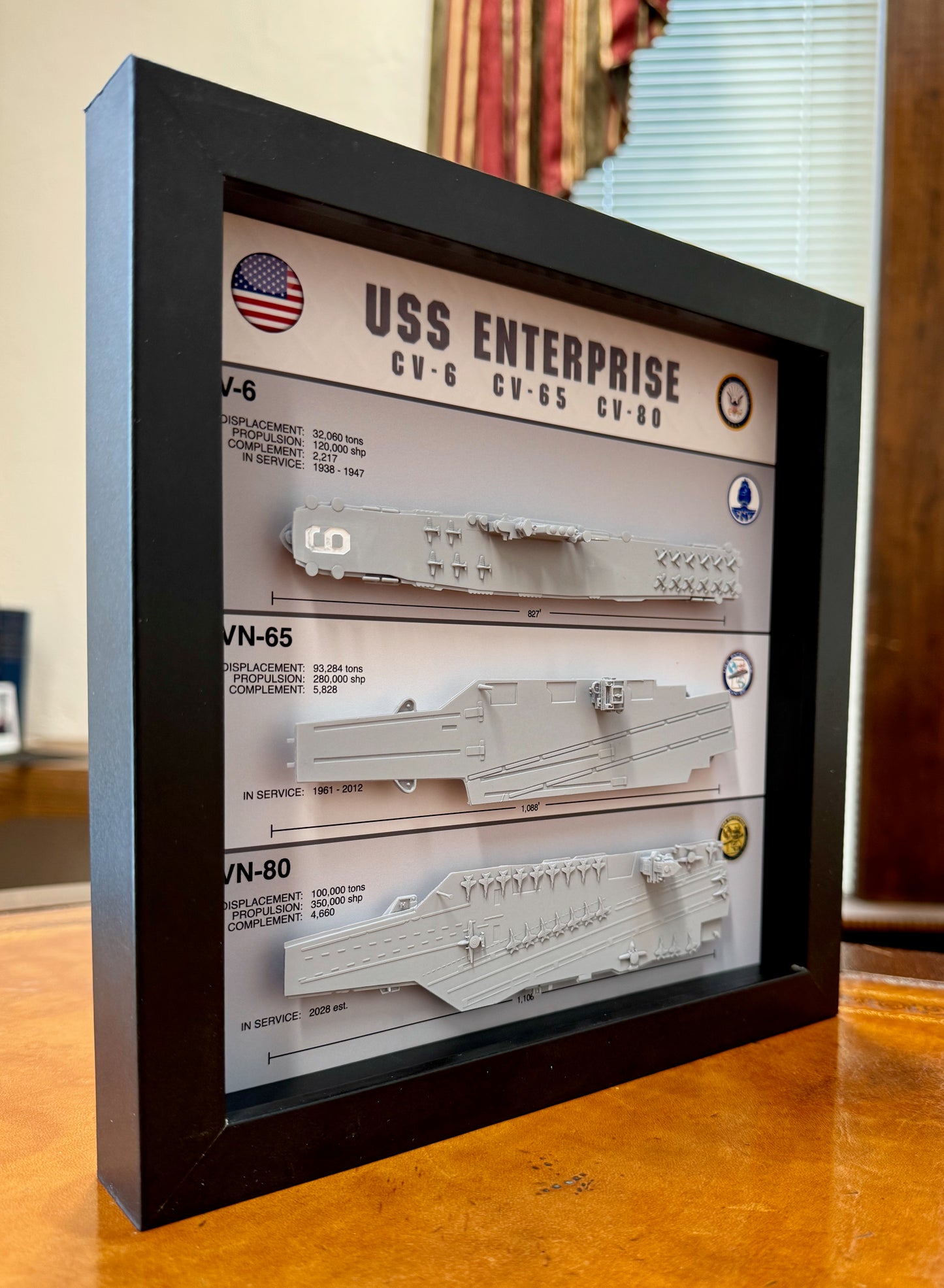 Enterprise Legacy Display Shadow Box, CV-6, CVN-65, CVN-80, 9" x 9", Deck