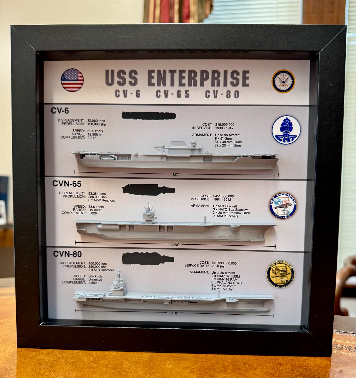 Enterprise Legacy Display Shadow Box, CV-6, CVN-65, CVN-80, 9" x 9", Profile