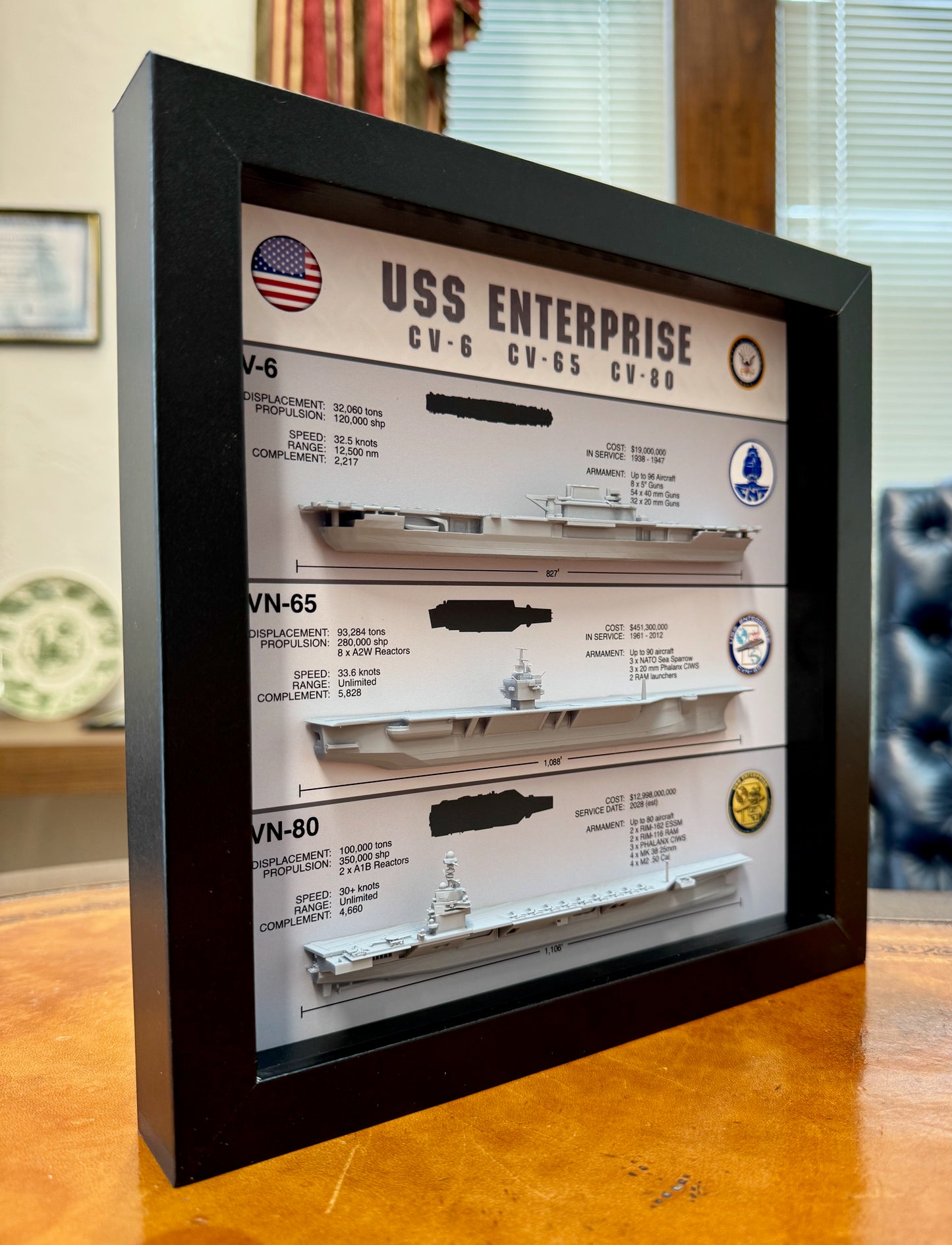 Enterprise Legacy Display Shadow Box, CV-6, CVN-65, CVN-80, 9" x 9", Profile