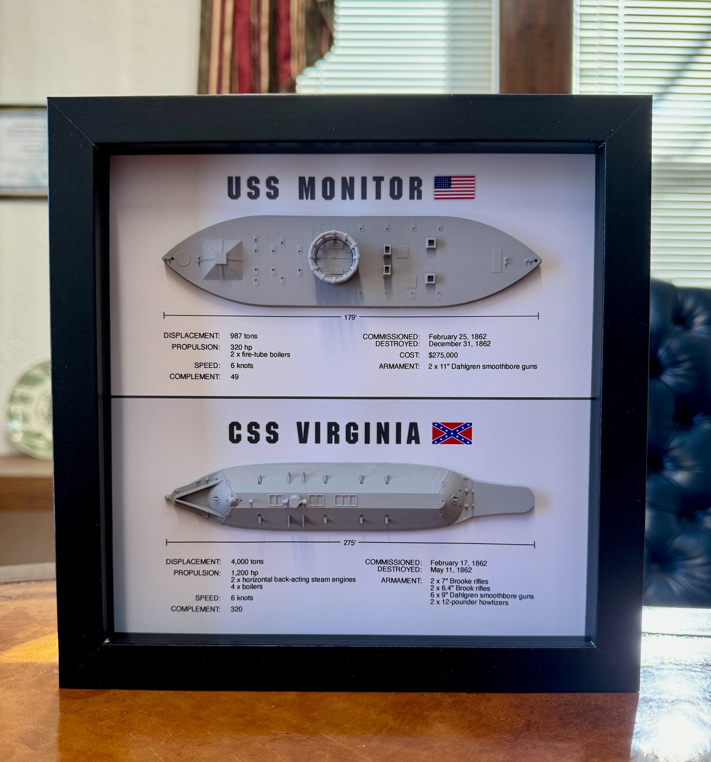 Monitor & Merrimack (CSS Virginia) Ironclad Memorial Display Shadow Box, 9" x 9", Large, Black