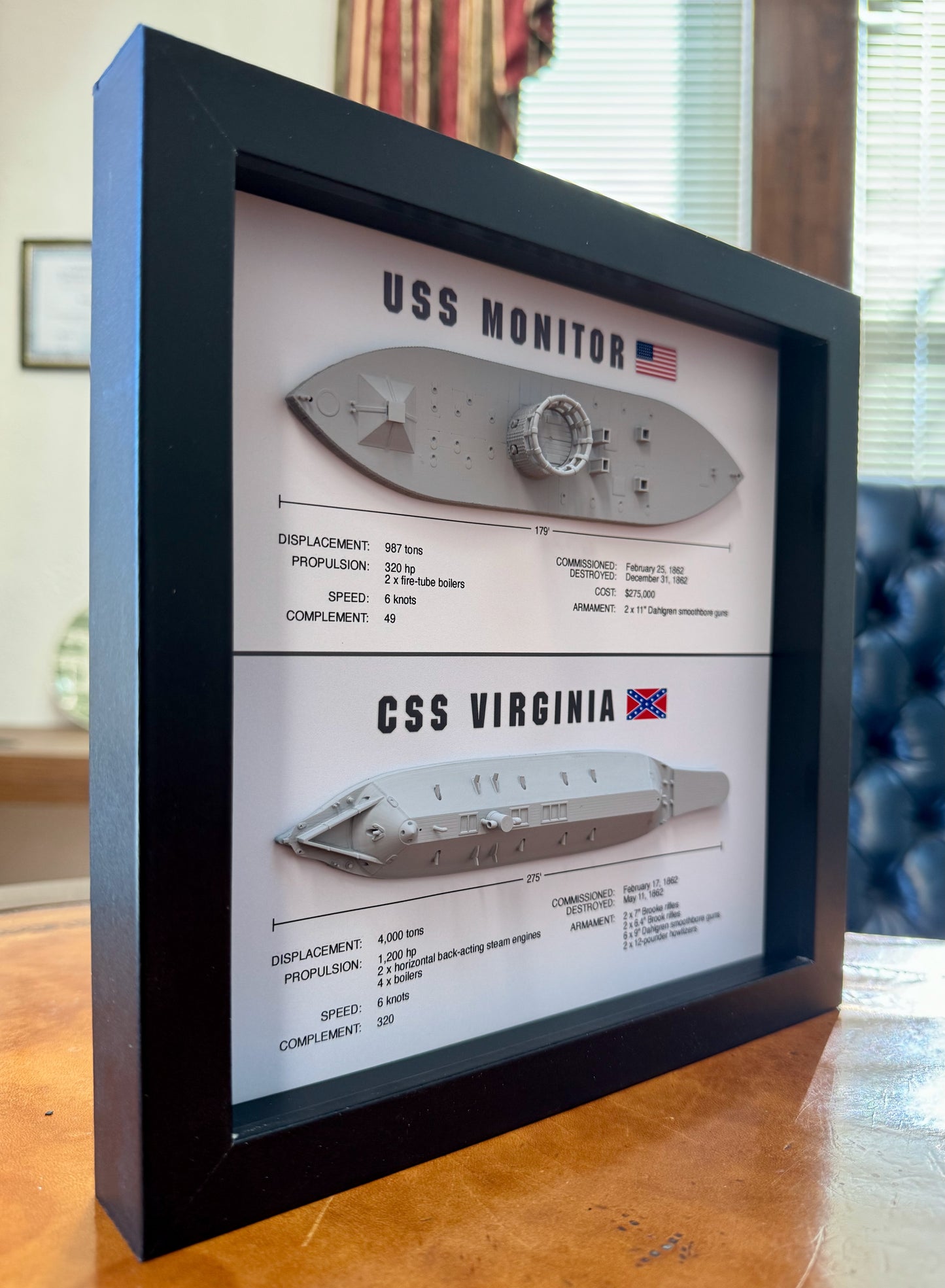 Monitor & Merrimack (CSS Virginia) Ironclad Memorial Display Shadow Box, 9" x 9", Large, Black