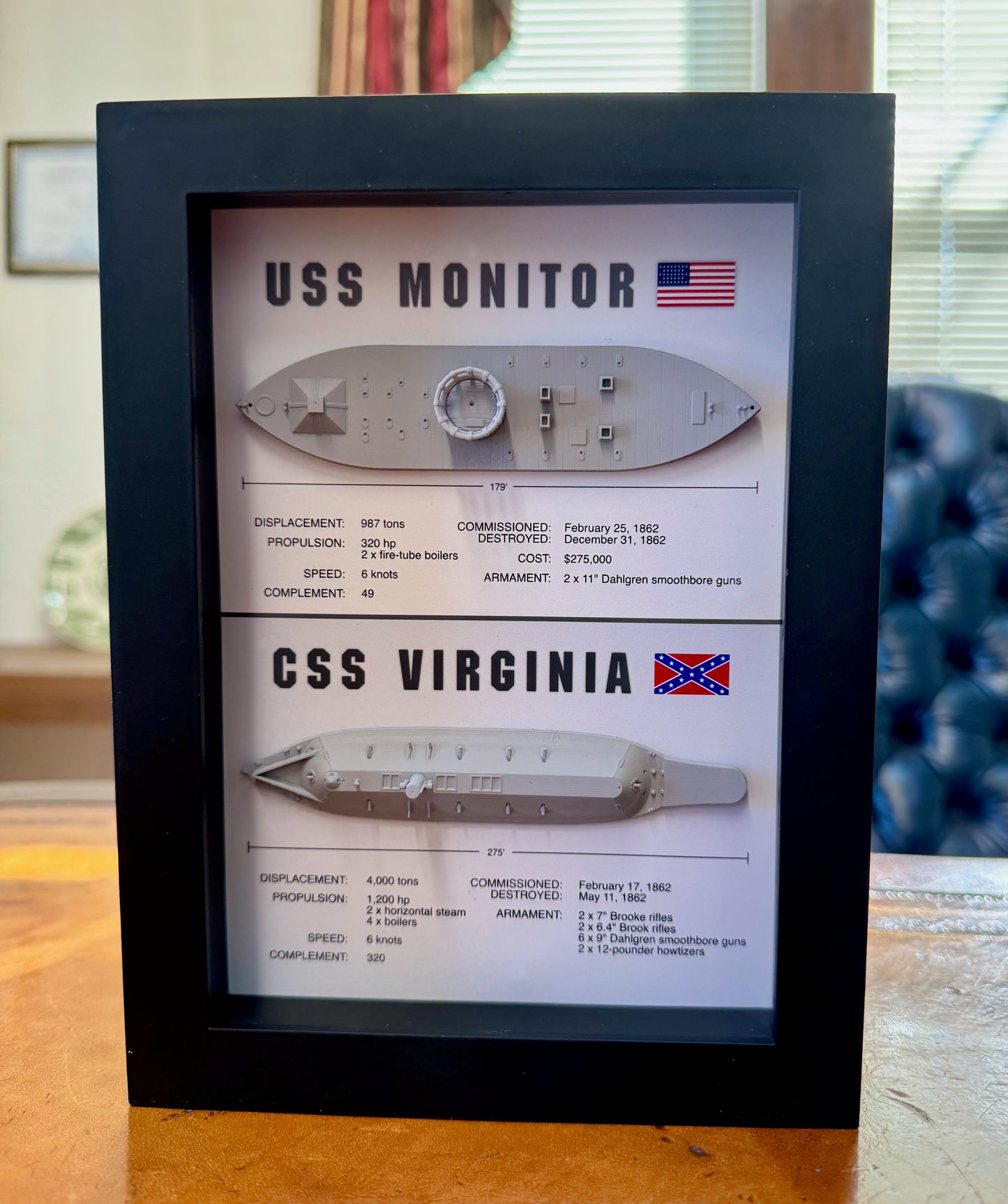 Monitor & Merrimack (CSS Virginia) Ironclad Memorial Display Shadow Box, 6" x 8", Black