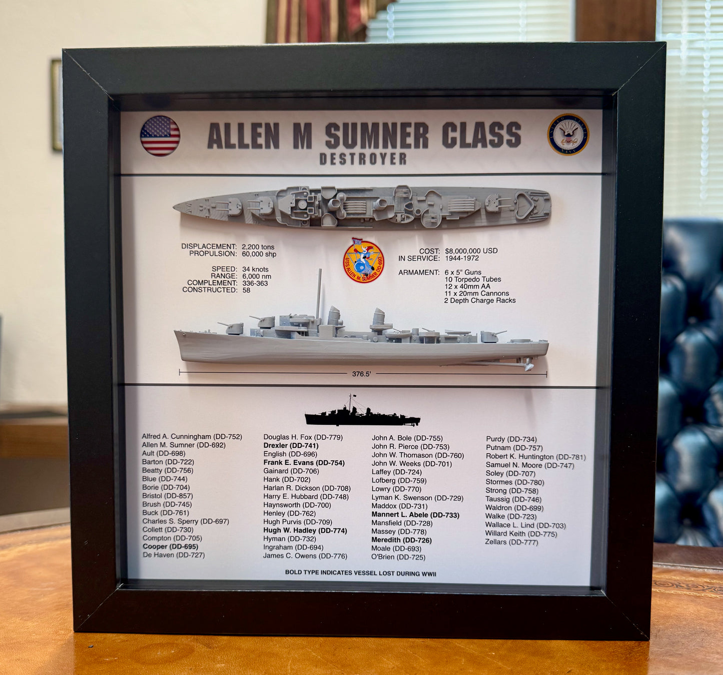 Allen M Sumner Class Destroyer Memorial Display Shadow Box, WW2, 9" x 9", Black