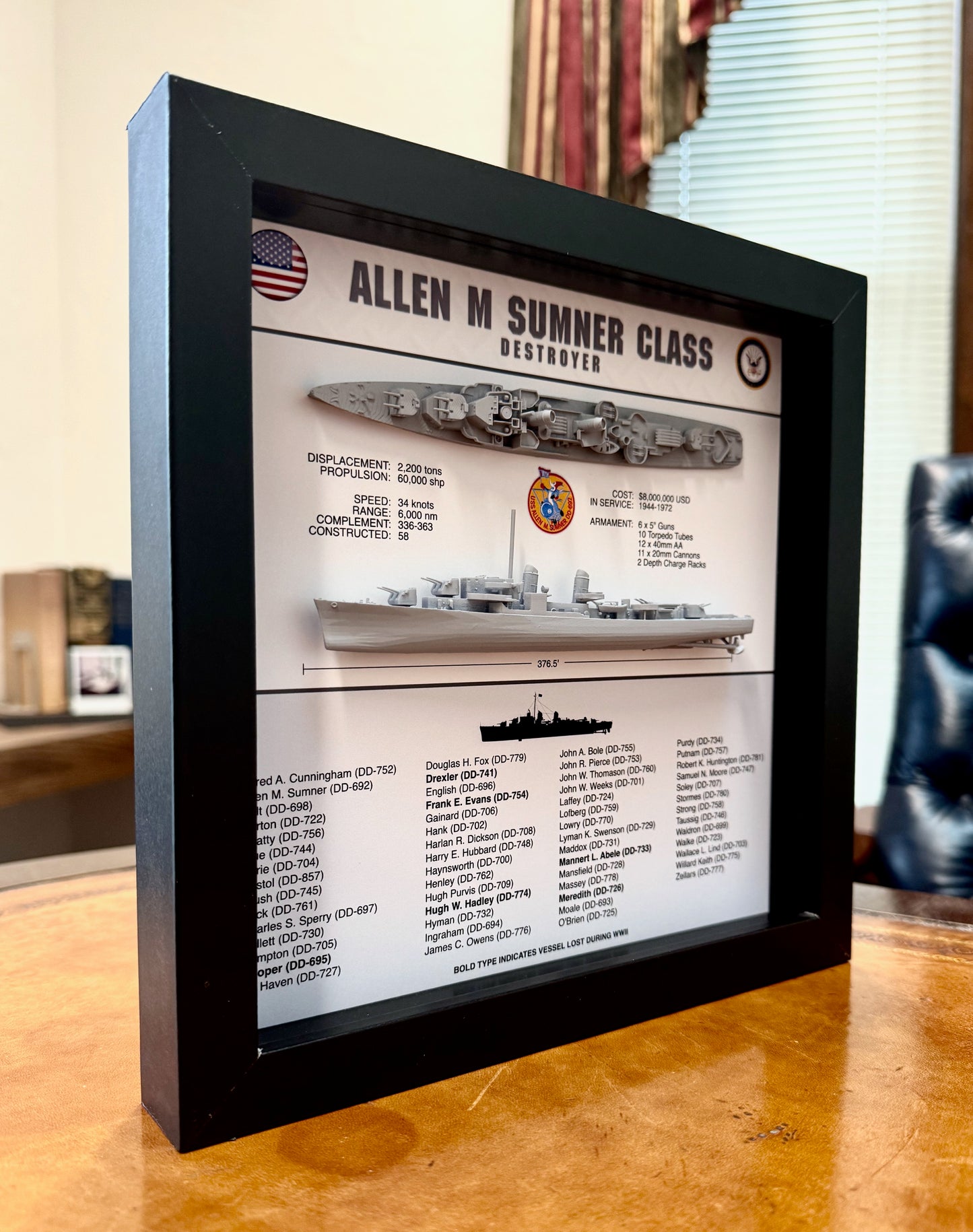 Allen M Sumner Class Destroyer Memorial Display Shadow Box, WW2, 9" x 9", Black