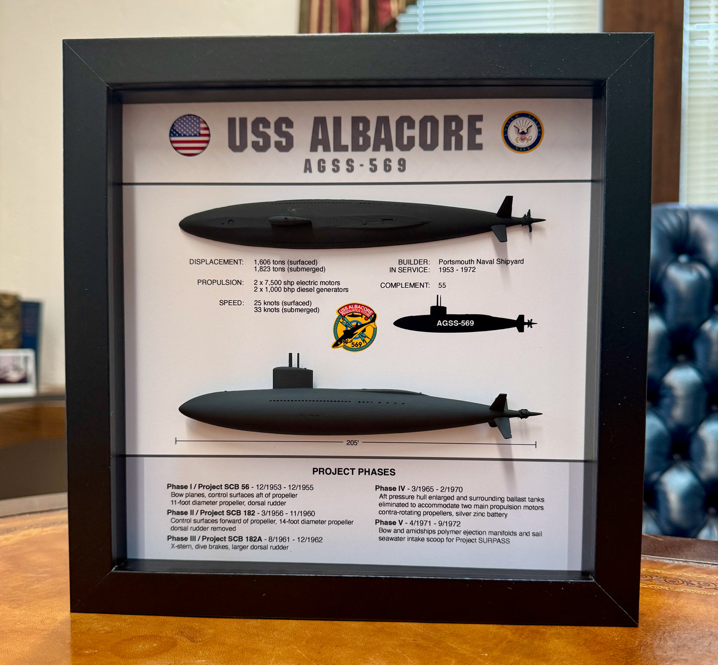 USS Albacore Submarine Memorial Display Shadow Box, AGSS-569, 9" x 9", Black