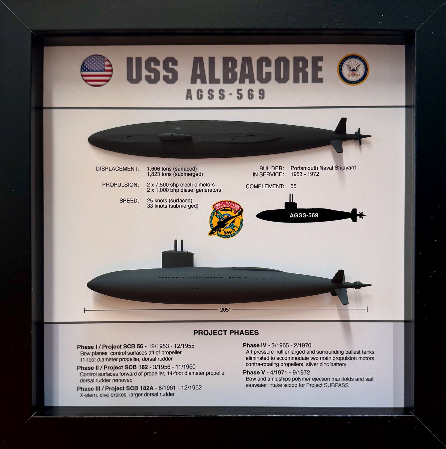 USS Albacore Submarine Memorial Display Shadow Box, AGSS-569, 9" x 9", Black