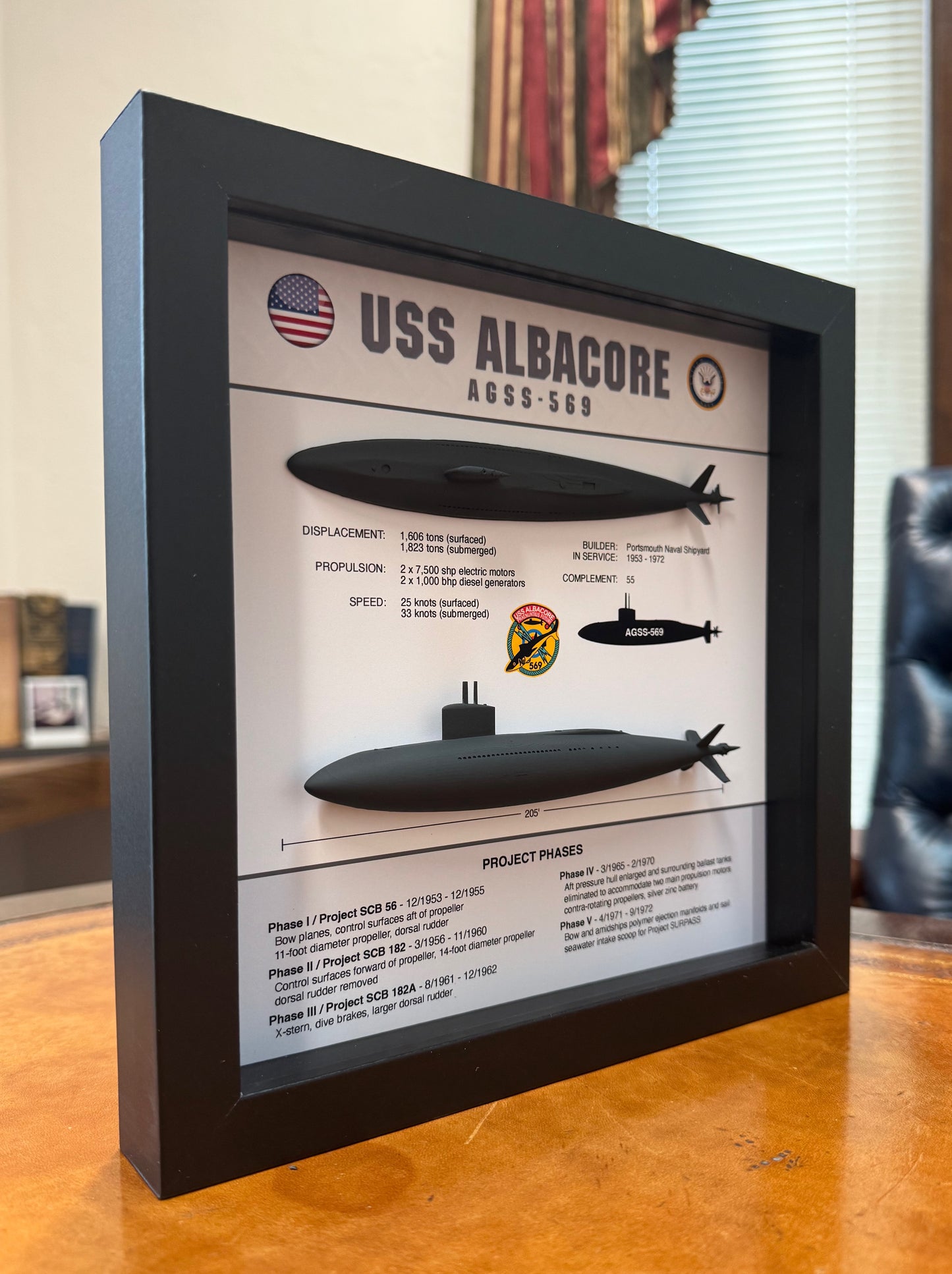 USS Albacore Submarine Memorial Display Shadow Box, AGSS-569, 9" x 9", Black