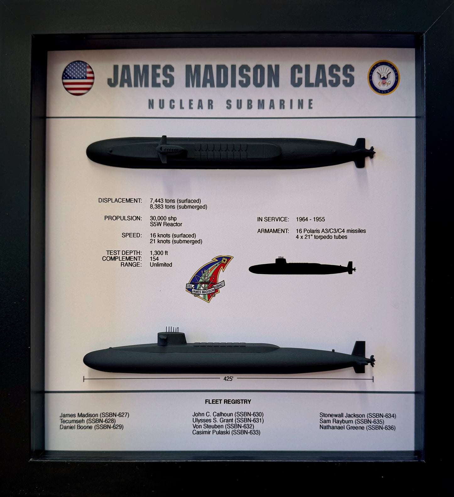 James Madison Class, Submarine Memorial Display Shadow Box, 9" x 9", Black