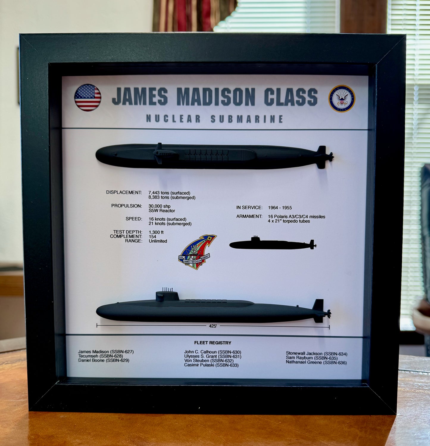 James Madison Class, Submarine Memorial Display Shadow Box, 9" x 9", Black