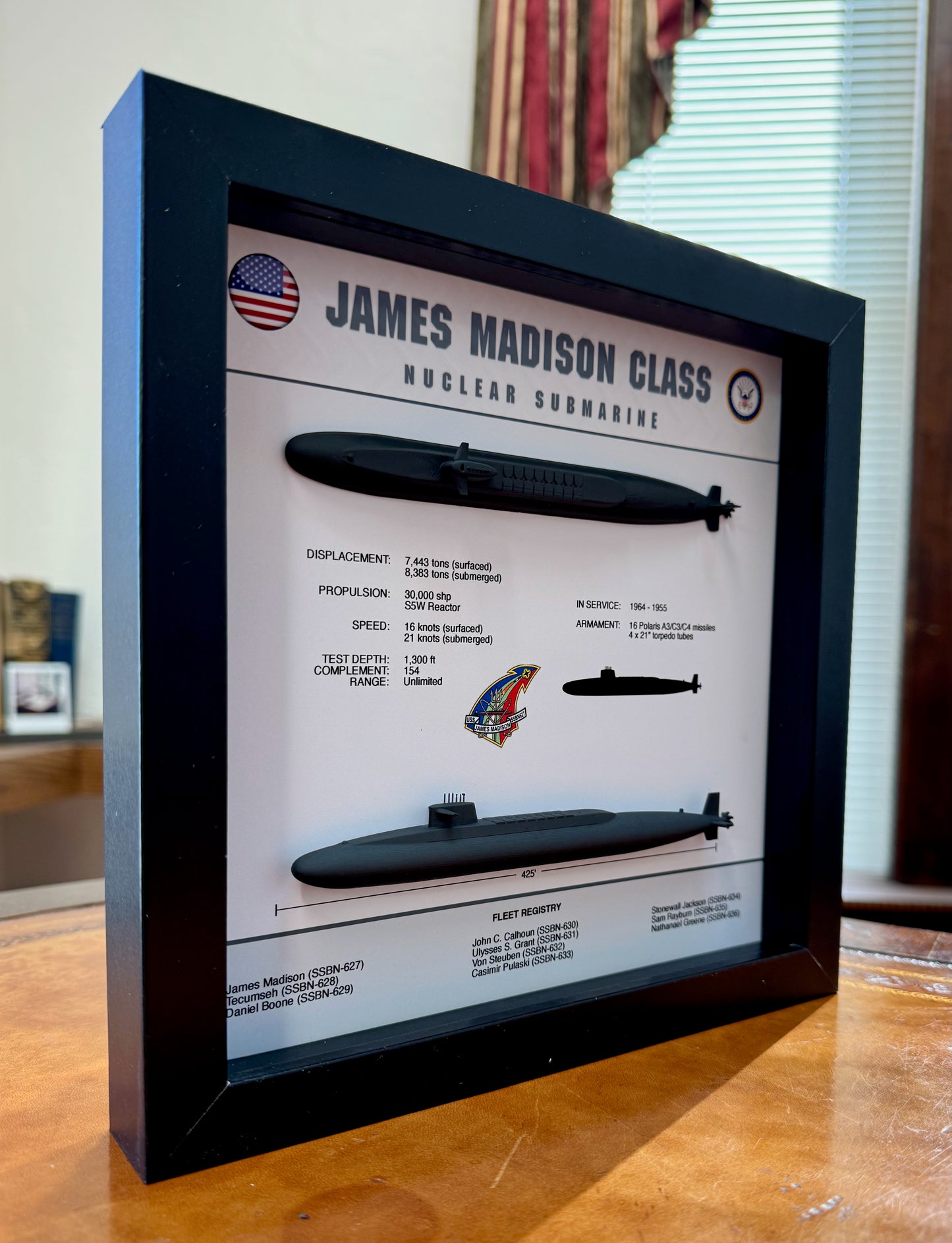 James Madison Class, Submarine Memorial Display Shadow Box, 9" x 9", Black