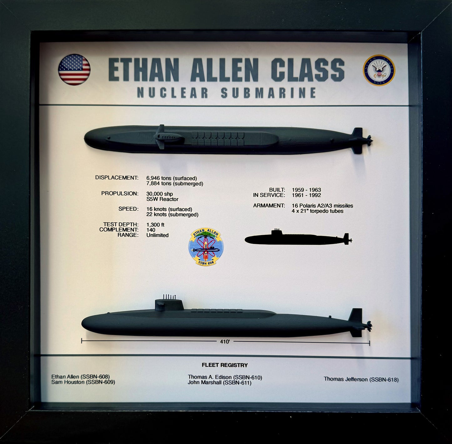 Ethan Allen Class, Submarine Memorial Display Shadow Box, 9" x 9", Black