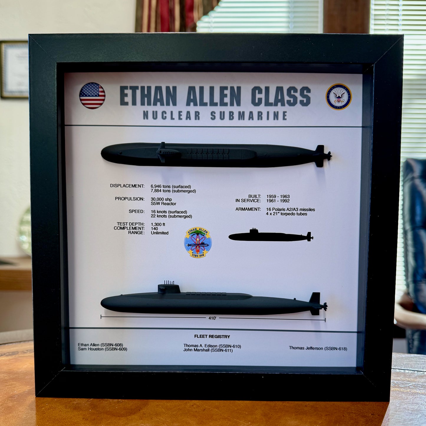 Ethan Allen Class, Submarine Memorial Display Shadow Box, 9" x 9", Black