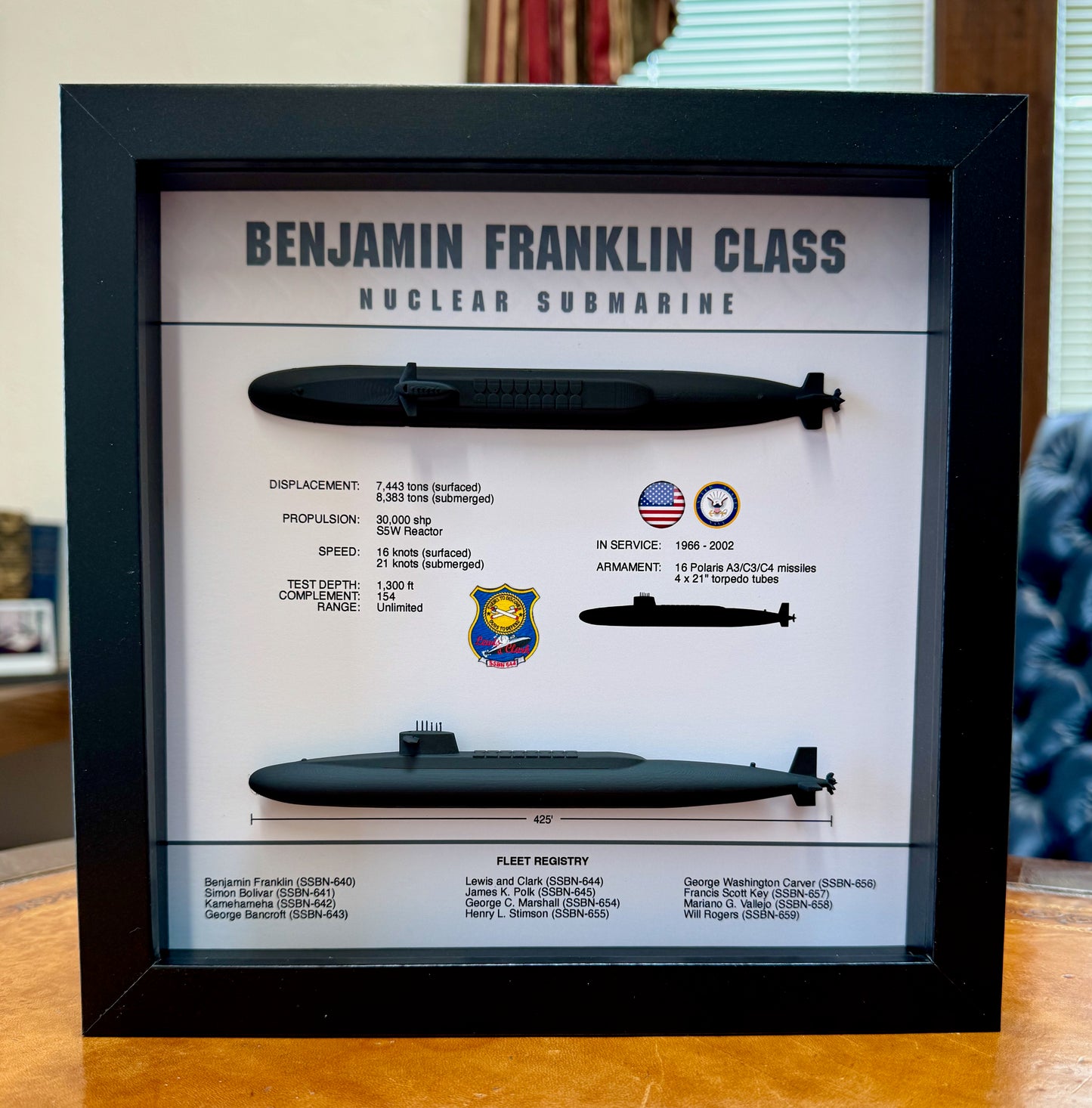 Benjamin Franklin Class, Submarine Memorial Display Shadow Box, 9" x 9", Black