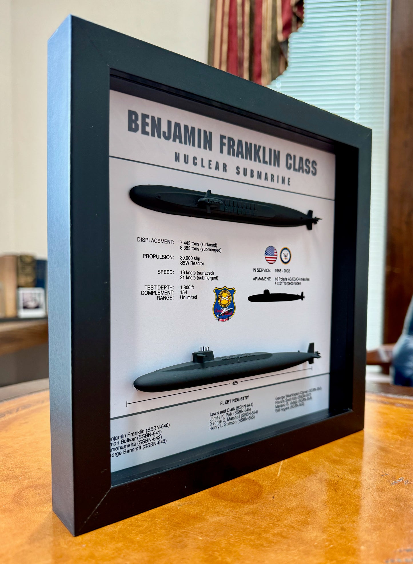 Benjamin Franklin Class, Submarine Memorial Display Shadow Box, 9" x 9", Black