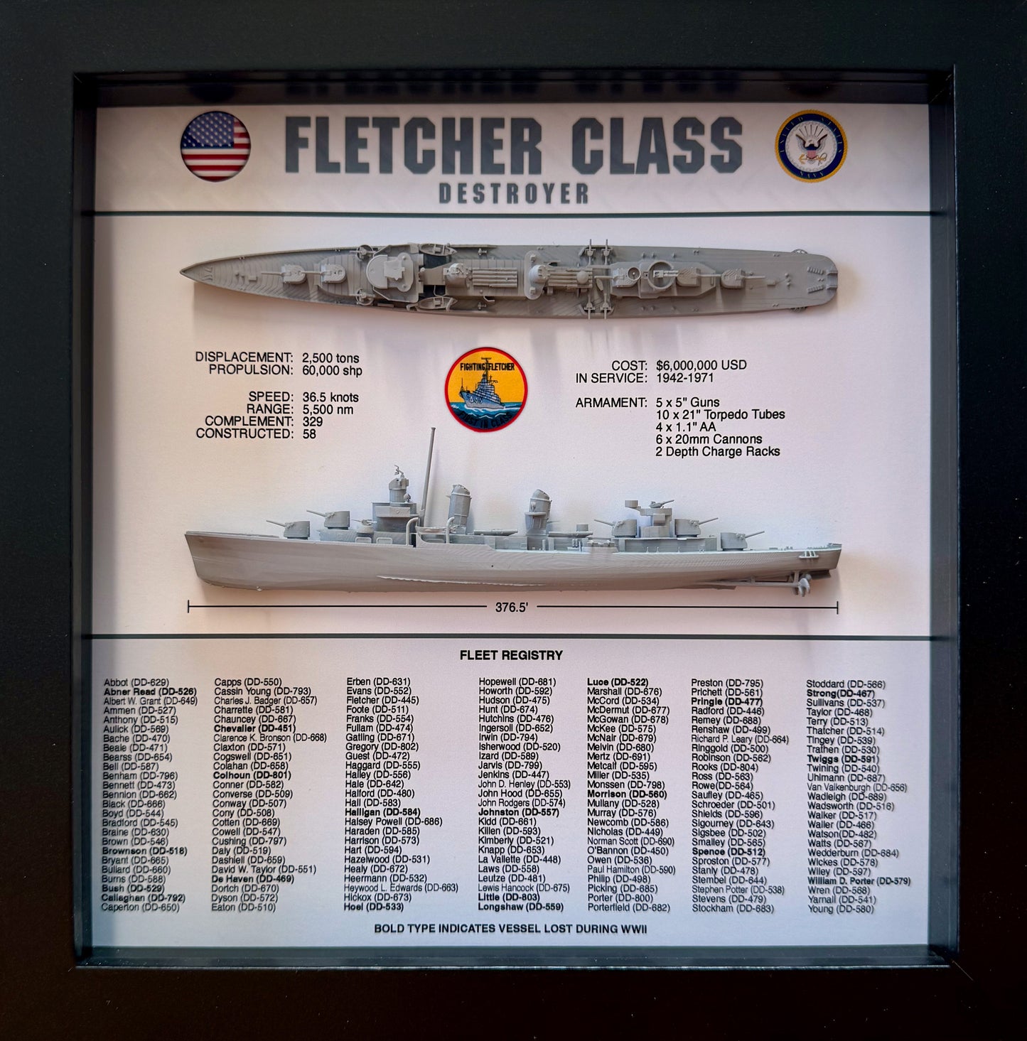 Fletcher Class Destroyer Memorial Display Shadow Box, WW2, 9" x 9", Black