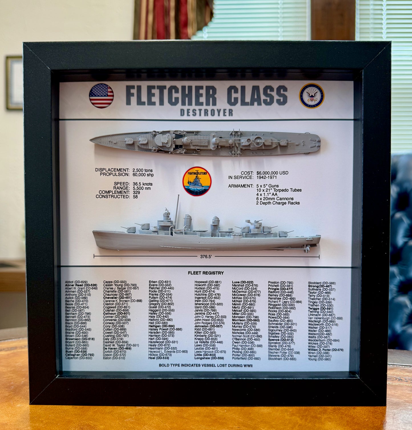 Fletcher Class Destroyer Memorial Display Shadow Box, WW2, 9" x 9", Black