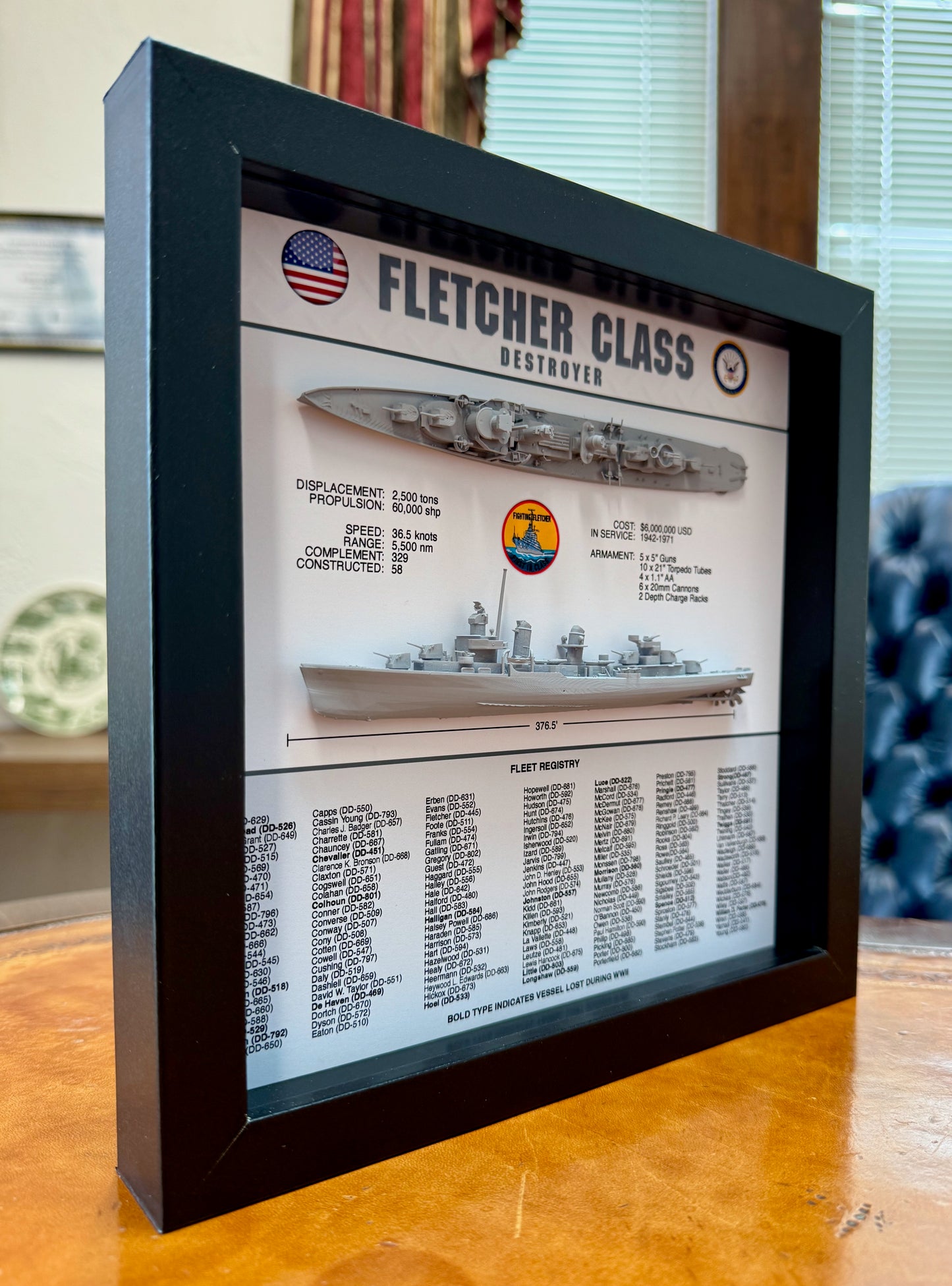 Fletcher Class Destroyer Memorial Display Shadow Box, WW2, 9" x 9", Black