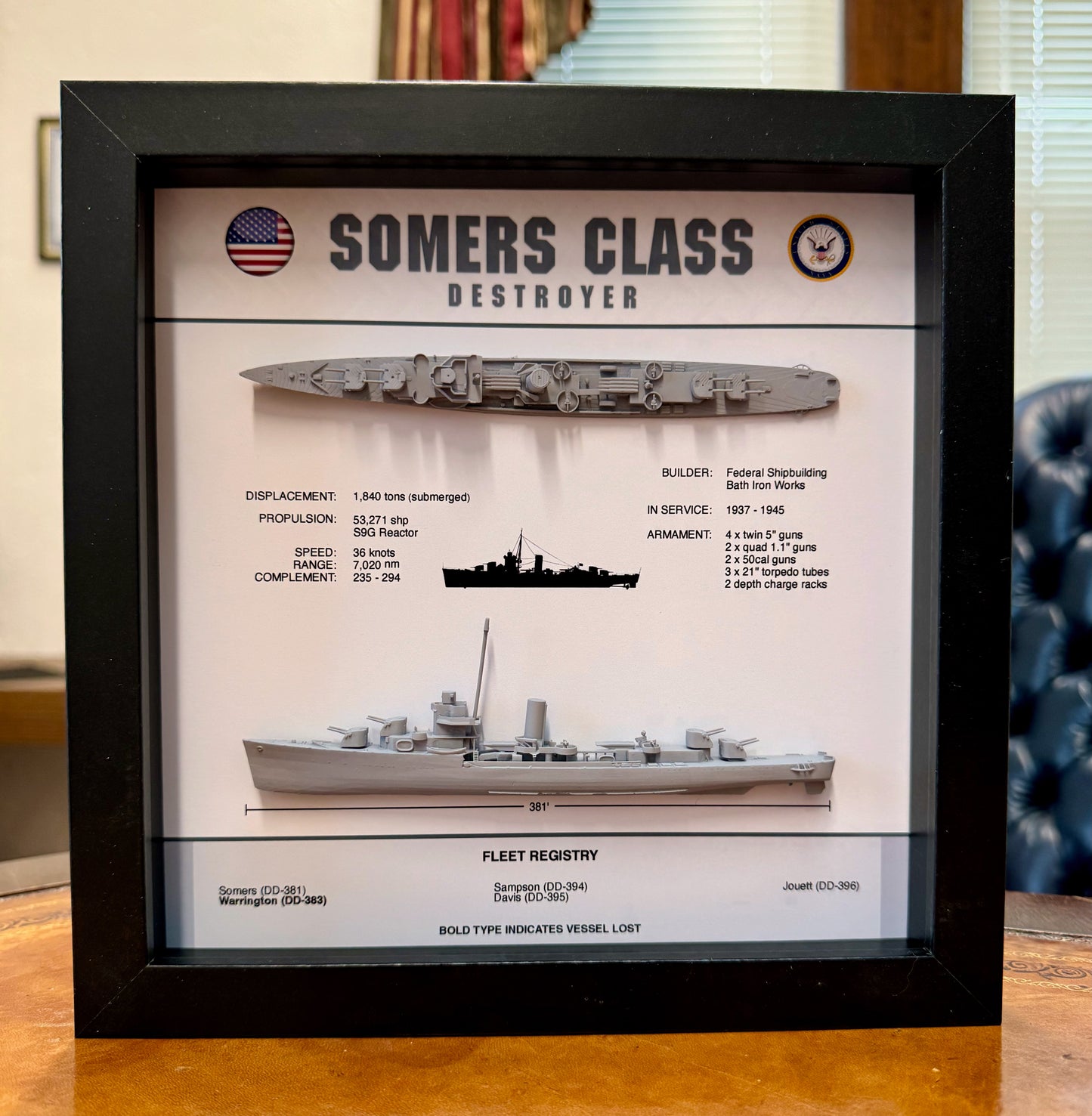 Somers Class Destroyer Memorial Display Shadow Box, WW2, 9" x 9", Black