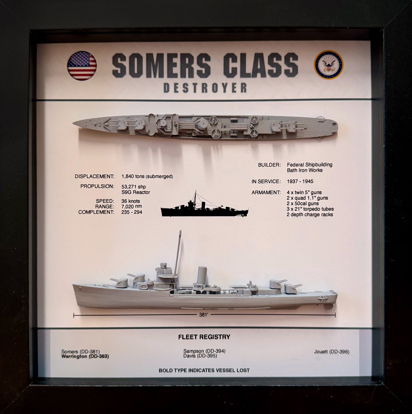 Somers Class Destroyer Memorial Display Shadow Box, WW2, 9" x 9", Black