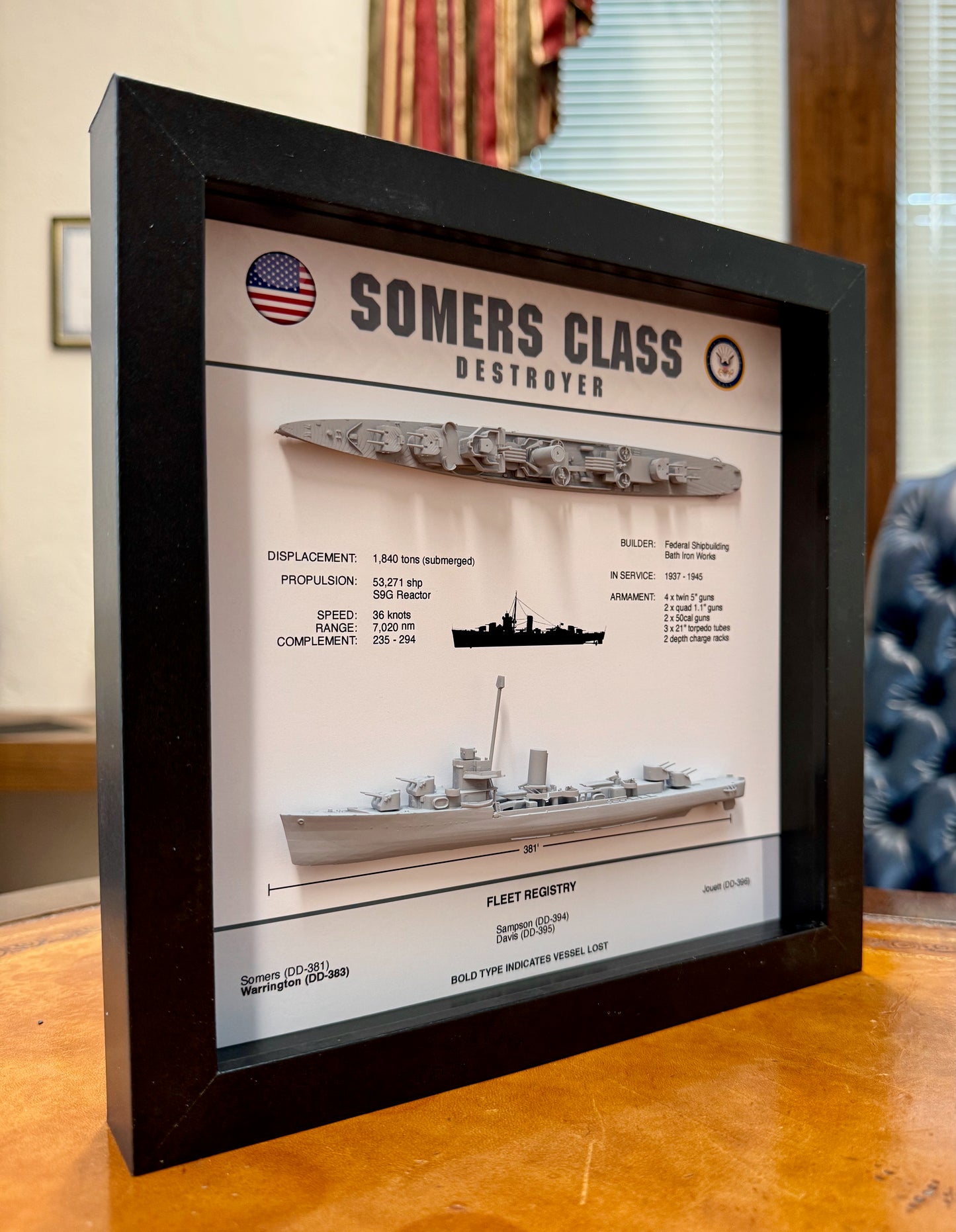 Somers Class Destroyer Memorial Display Shadow Box, WW2, 9" x 9", Black