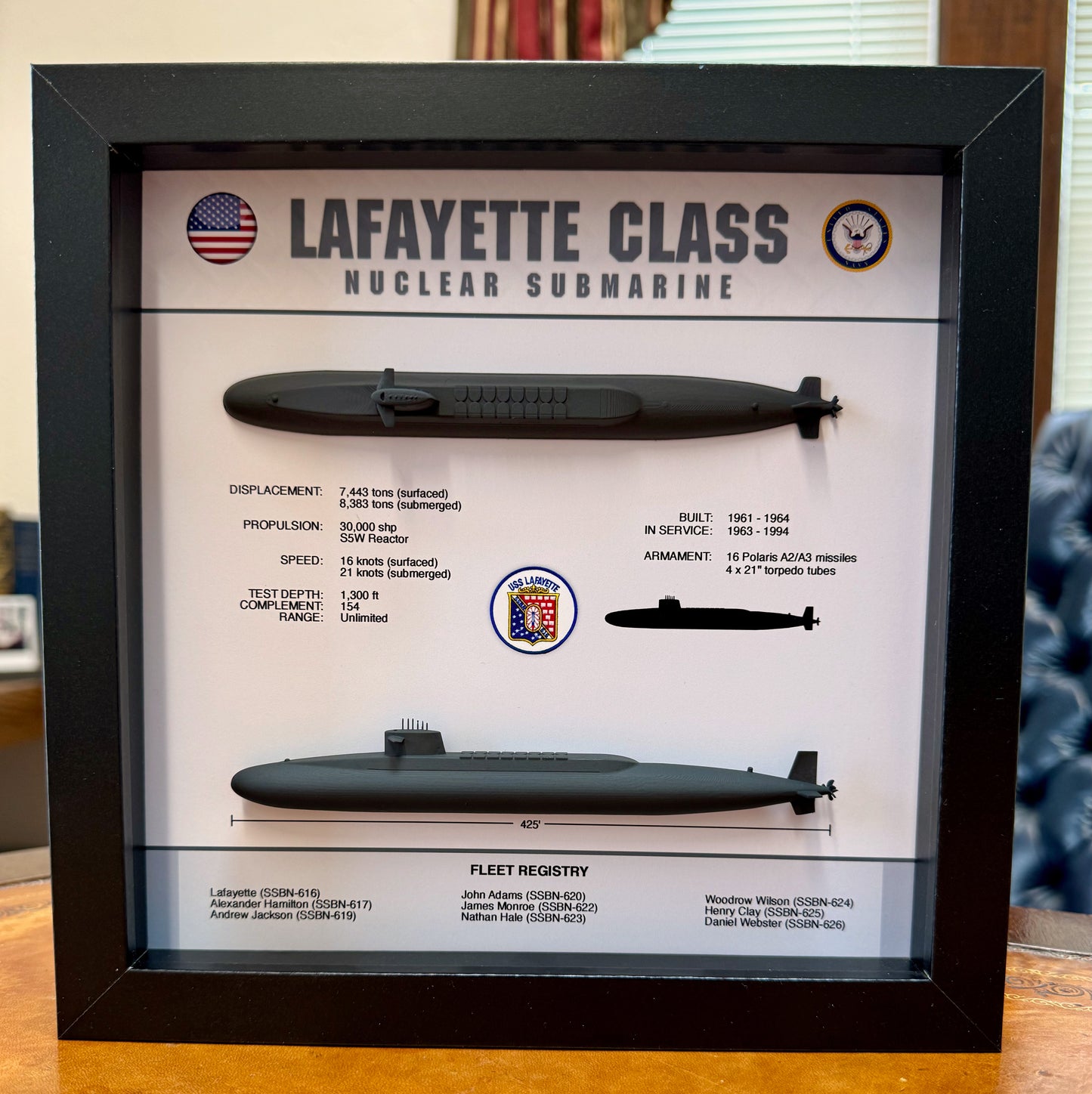 Lafayette Class Submarine Memorial Display Shadow Box, 9" x 9", Black