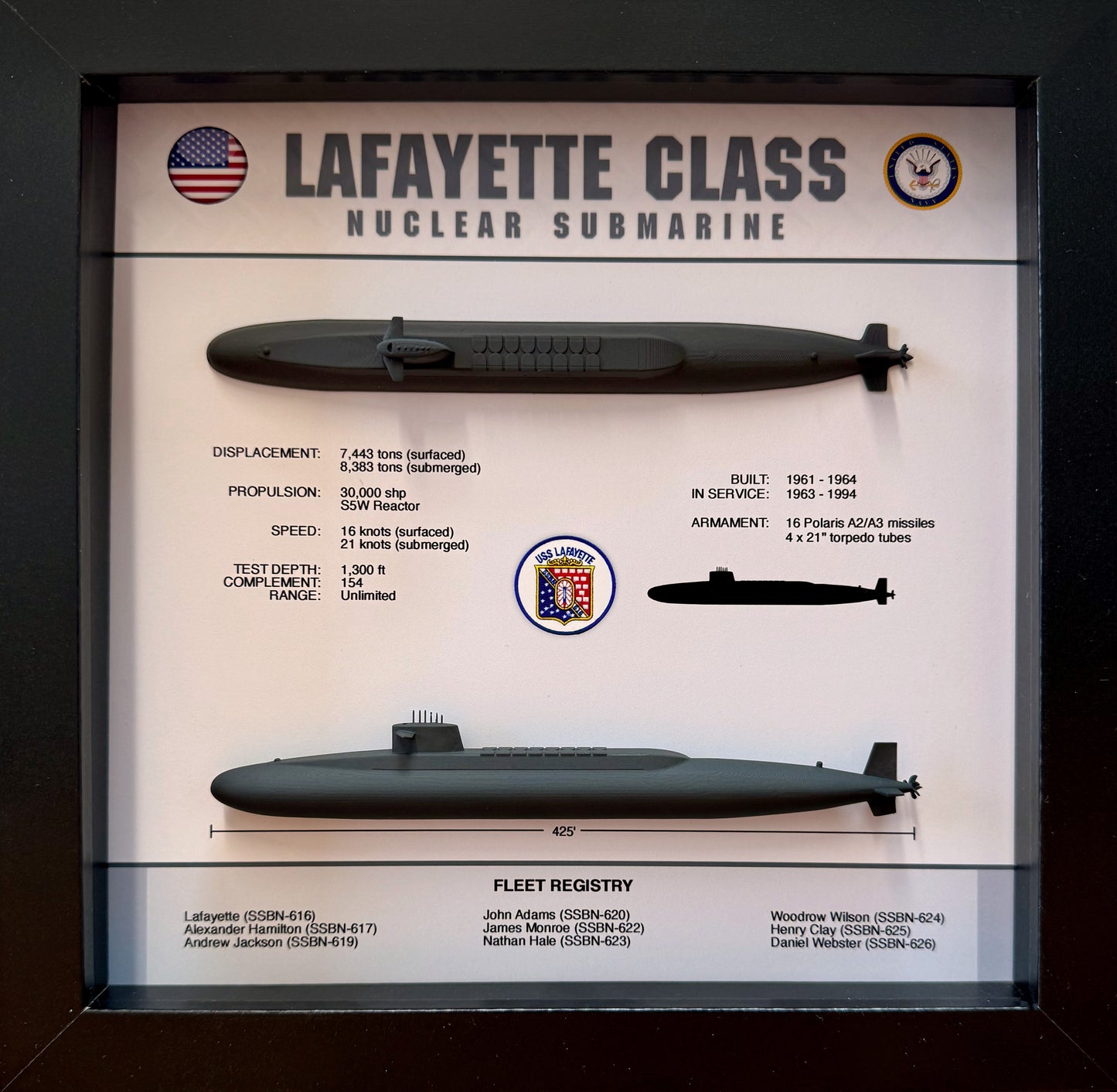 Lafayette Class Submarine Memorial Display Shadow Box, 9" x 9", Black