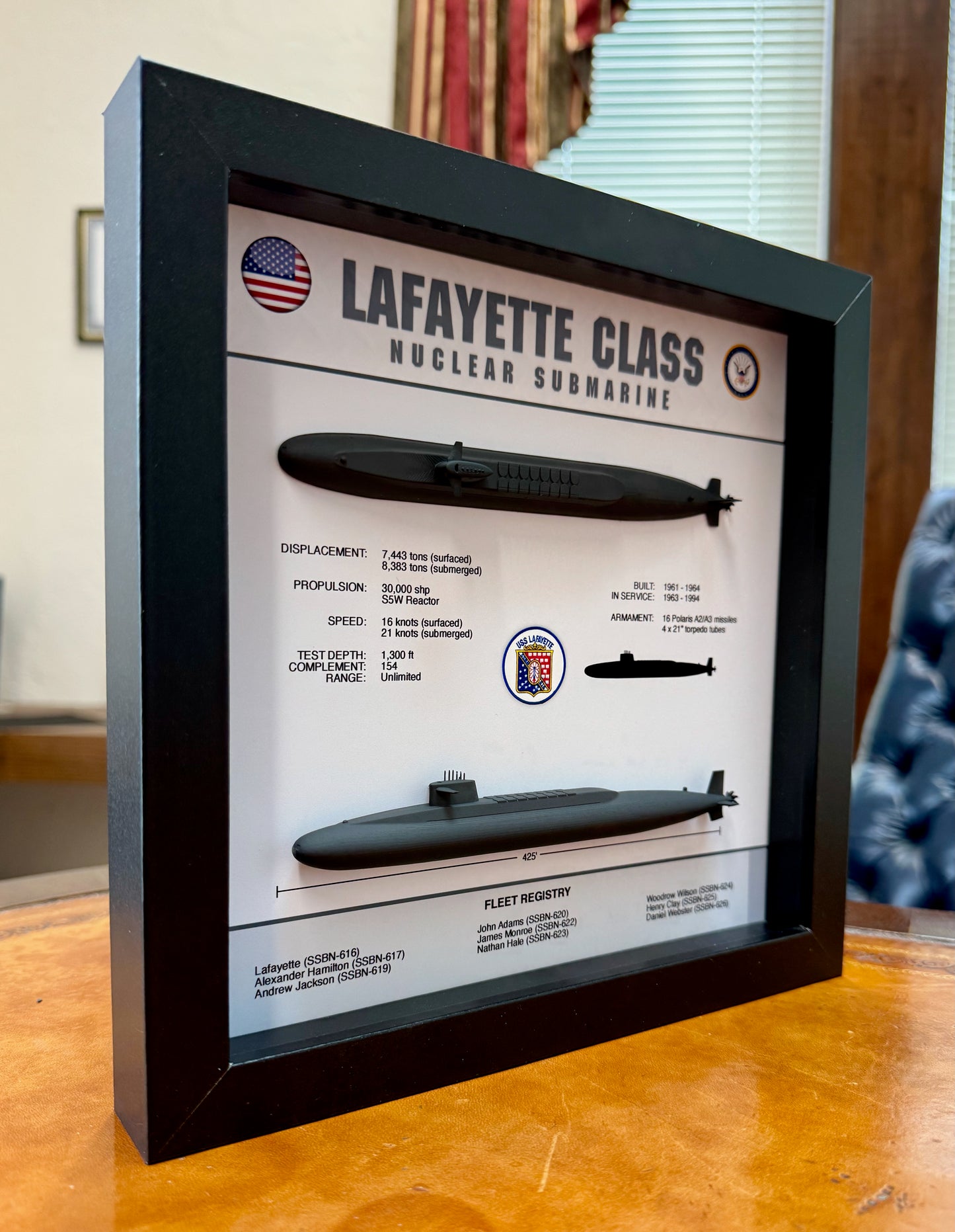 Lafayette Class Submarine Memorial Display Shadow Box, 9" x 9", Black