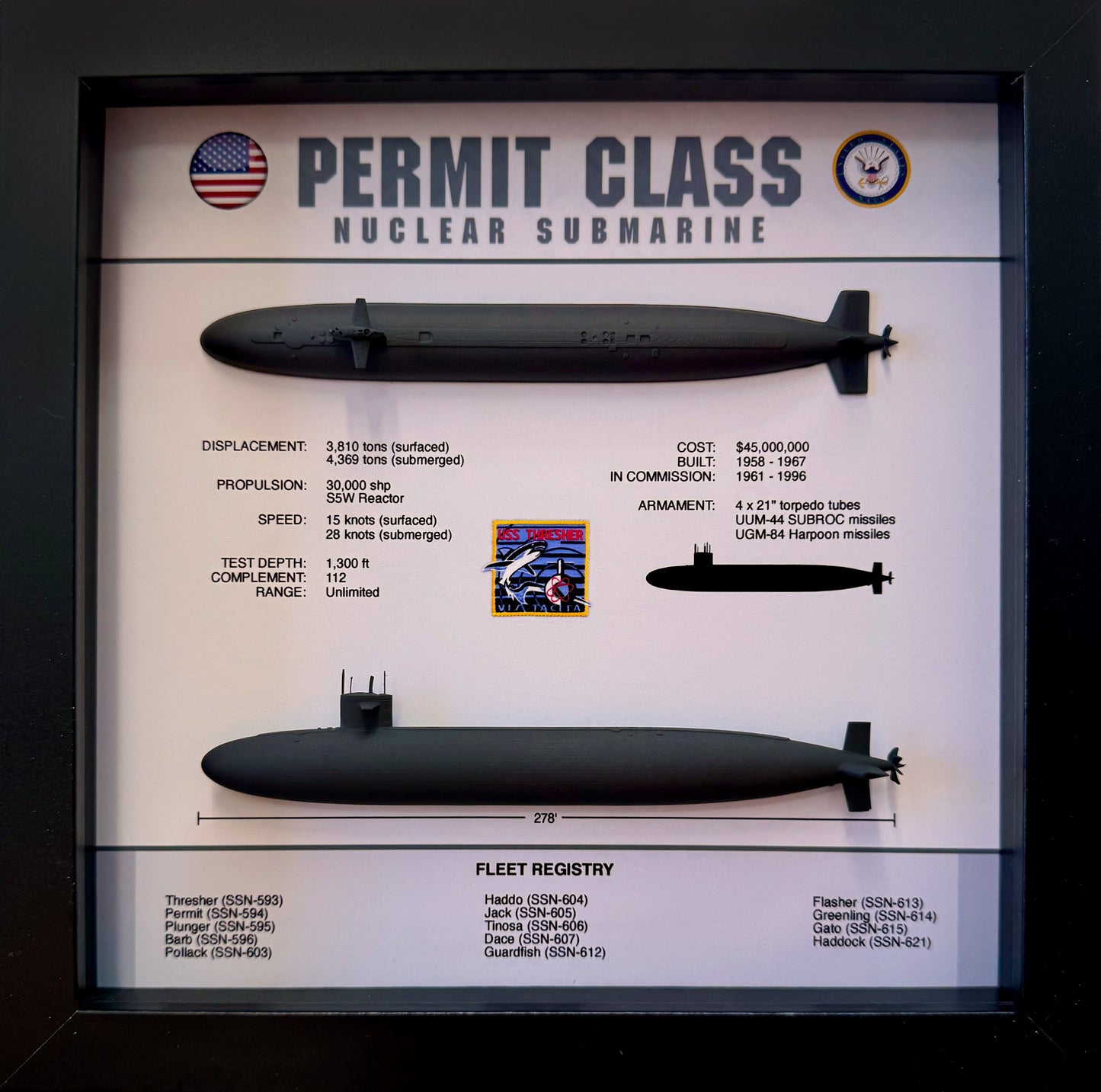 Permit Class Submarine Memorial Display Shadow Box, Thresher Class, 9" x 9", Black