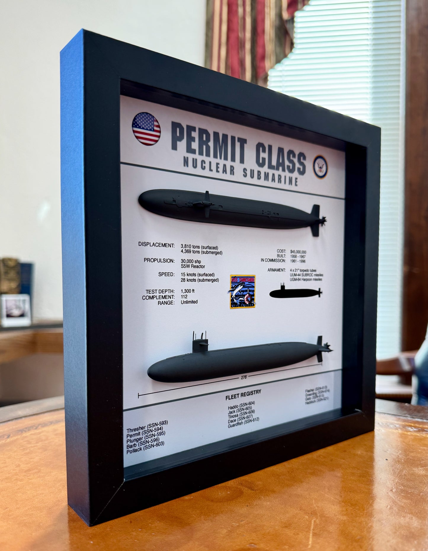 Permit Class Submarine Memorial Display Shadow Box, Thresher Class, 9" x 9", Black