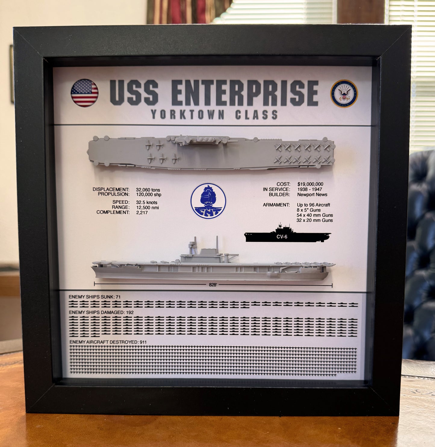 USS Enterprise Memorial Display Shadow Box, CV-6, 9" x 9", Black