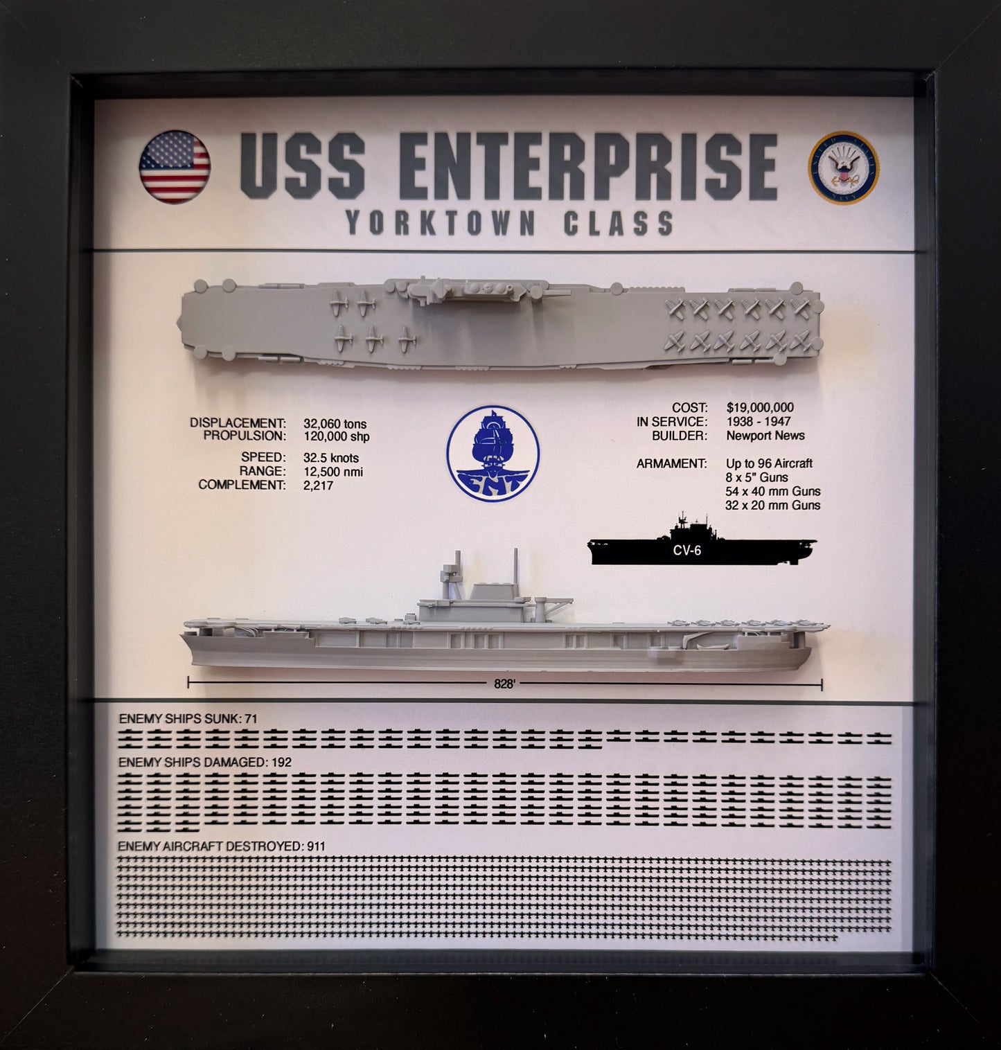 USS Enterprise Memorial Display Shadow Box, CV-6, 9" x 9", Black