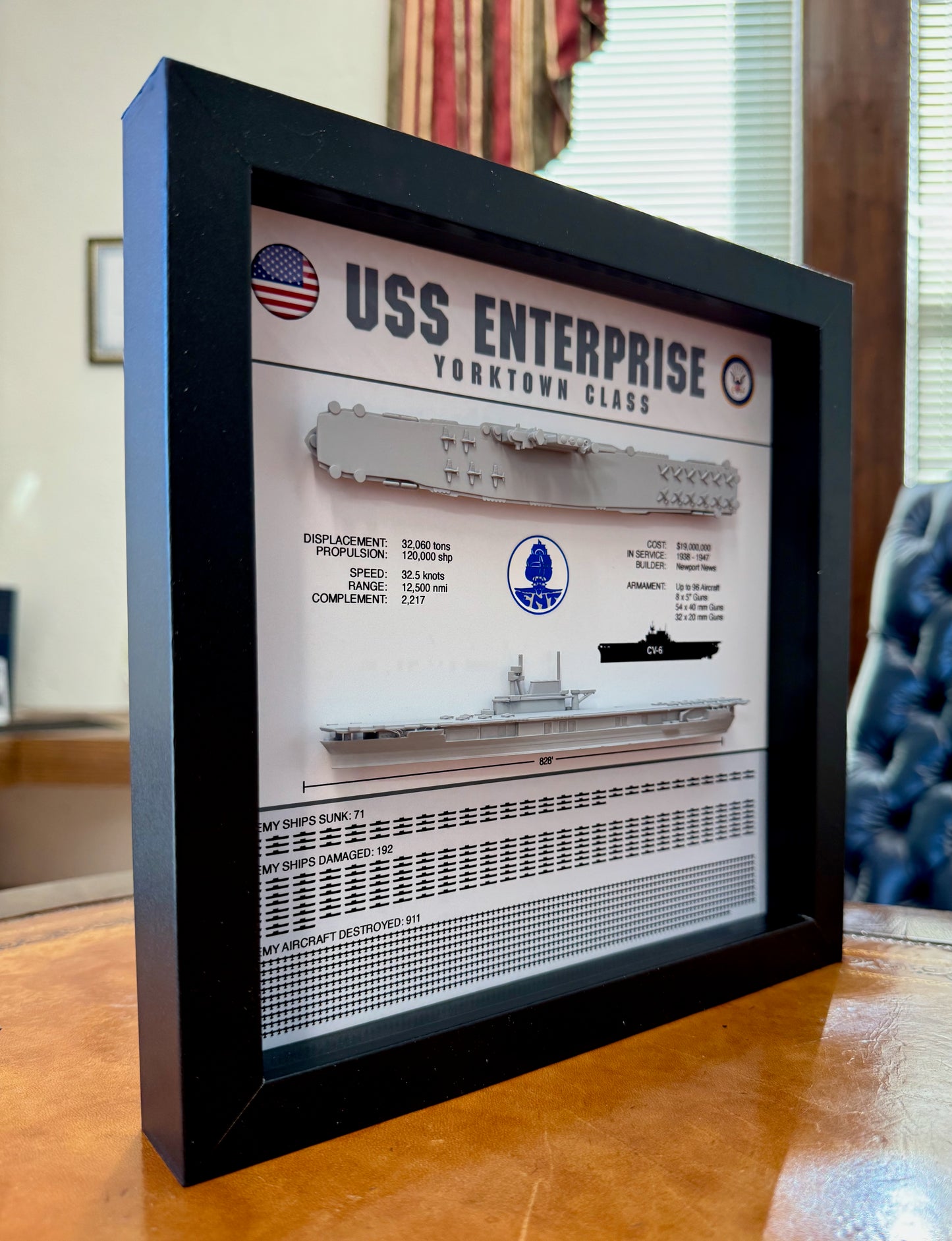 USS Enterprise Memorial Display Shadow Box, CV-6, 9" x 9", Black