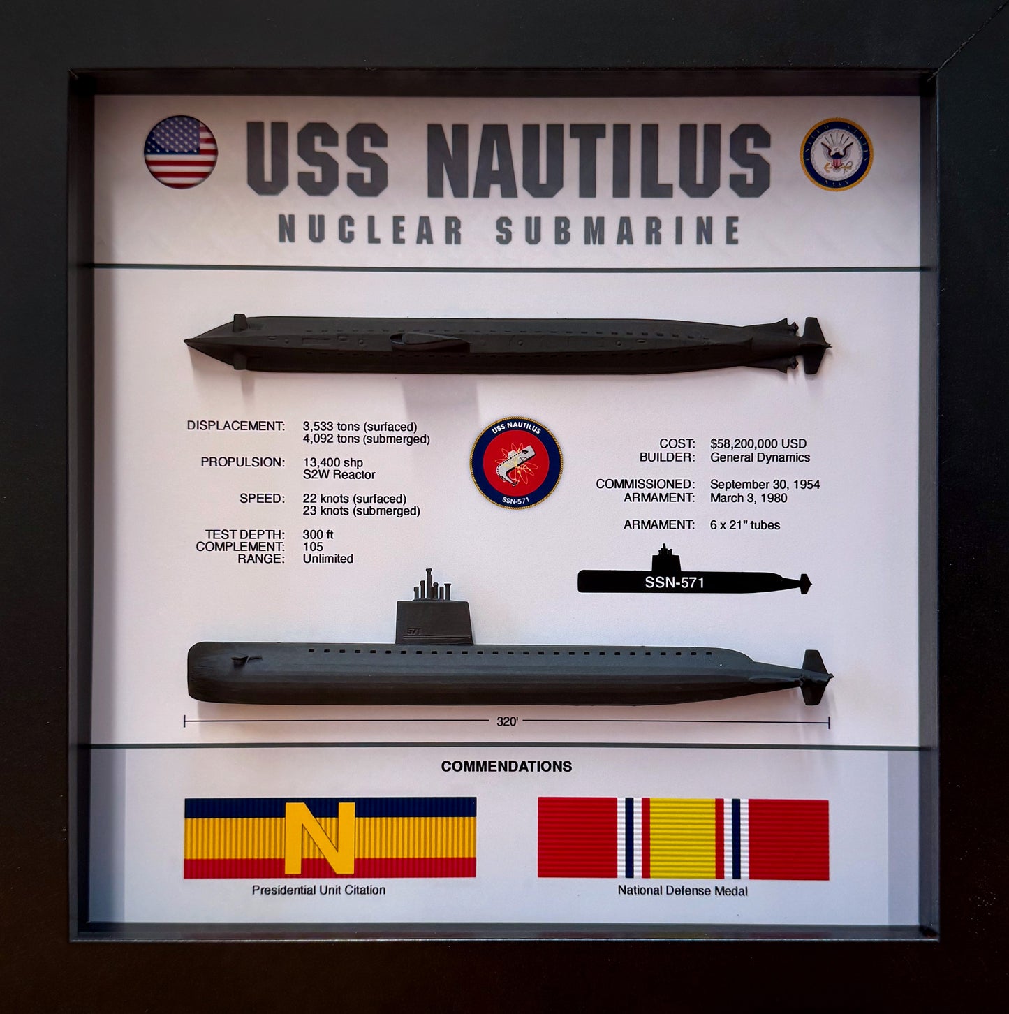 USS Nautilus Submarine Memorial Display, SSN-571, Shadow Box, 9" x 9", Black, Large