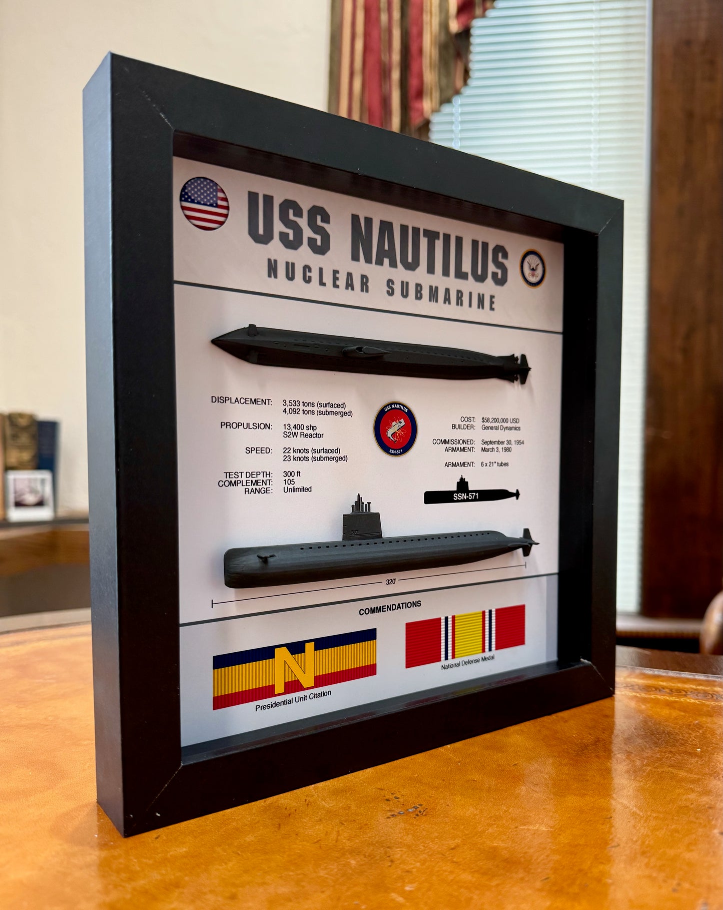 USS Nautilus Submarine Memorial Display, SSN-571, Shadow Box, 9" x 9", Black, Large