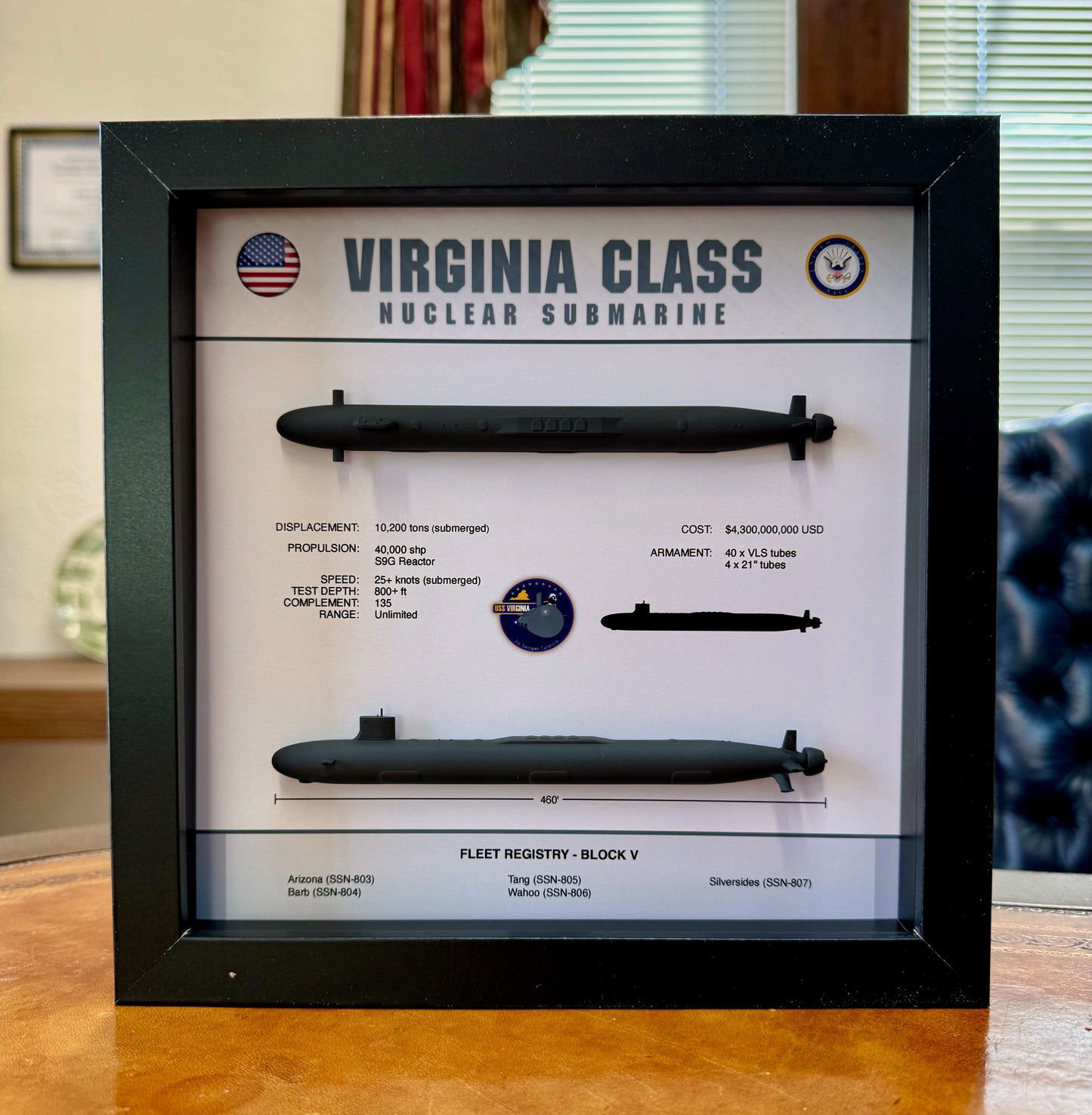 Virginia Class Submarine Memorial Display Shadow Box, Block V with VPM, 9" x 9", Black