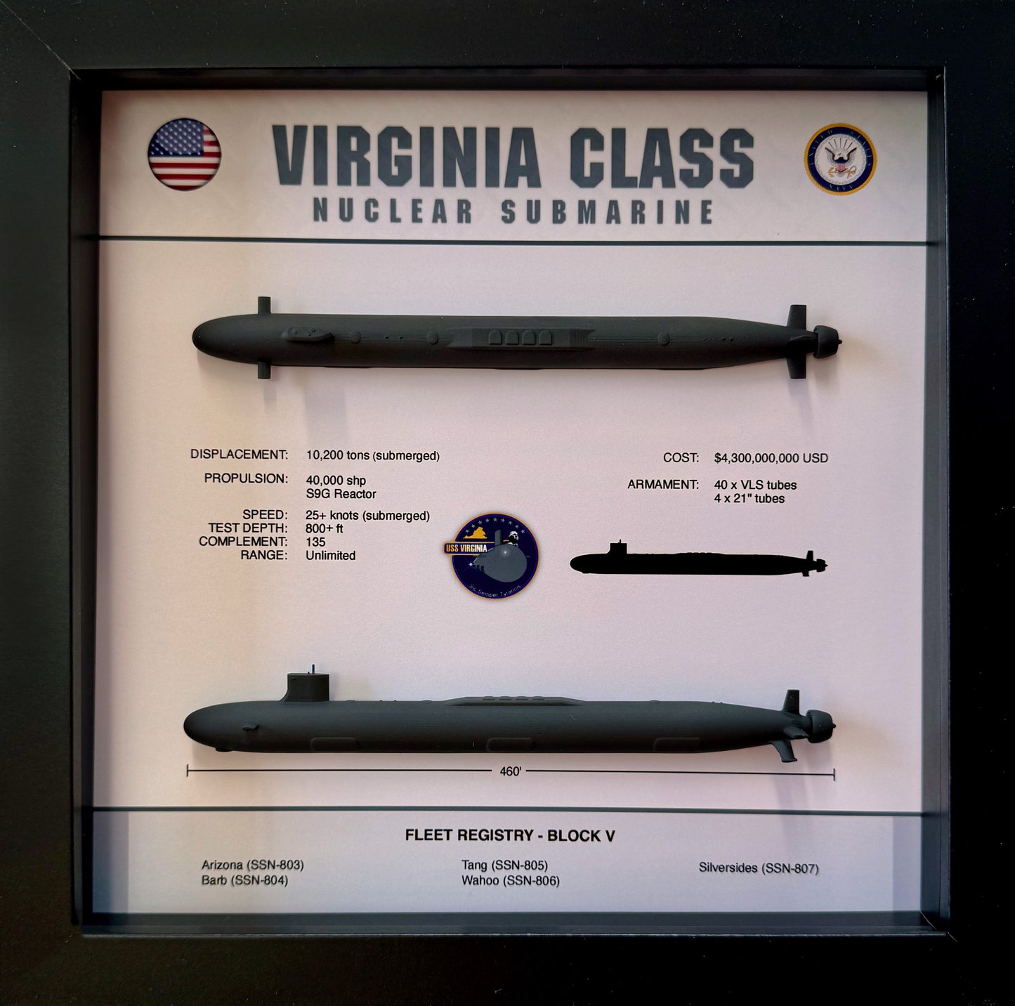 Virginia Class Submarine Memorial Display Shadow Box, Block V with VPM, 9" x 9", Black