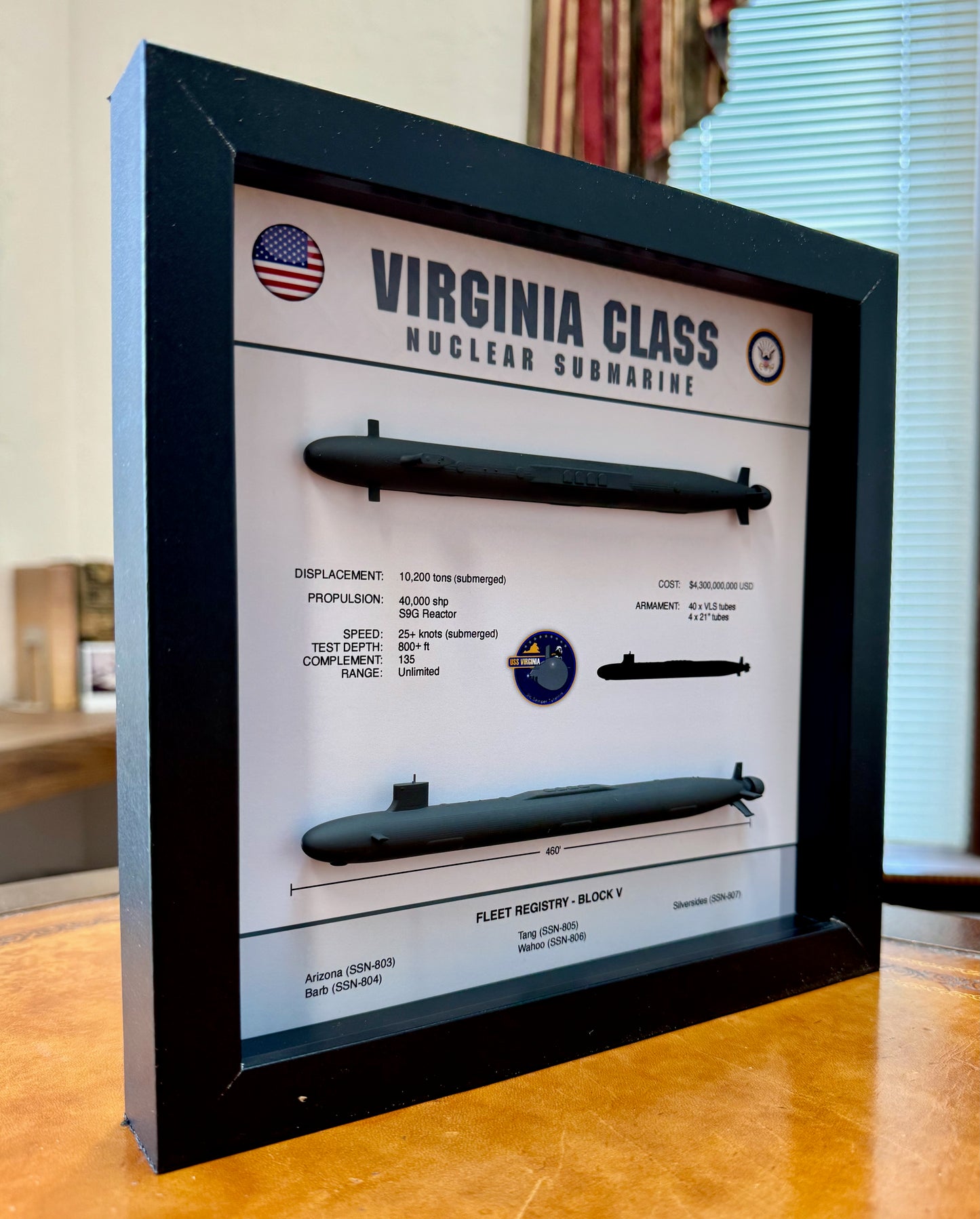 Virginia Class Submarine Memorial Display Shadow Box, Block V with VPM, 9" x 9", Black