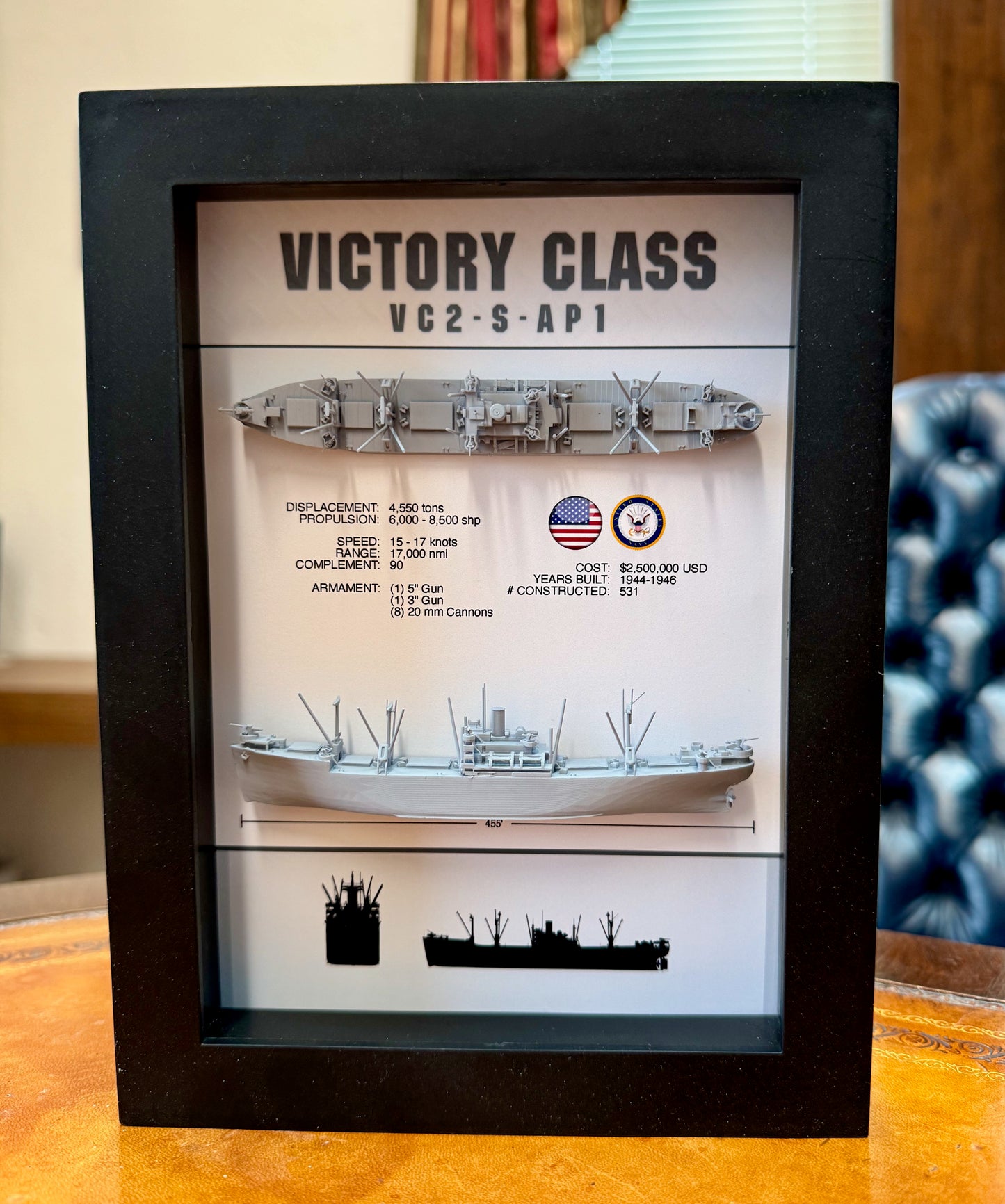 Victory Ship Memorial Display Shadow Box, 6" x 8", Black