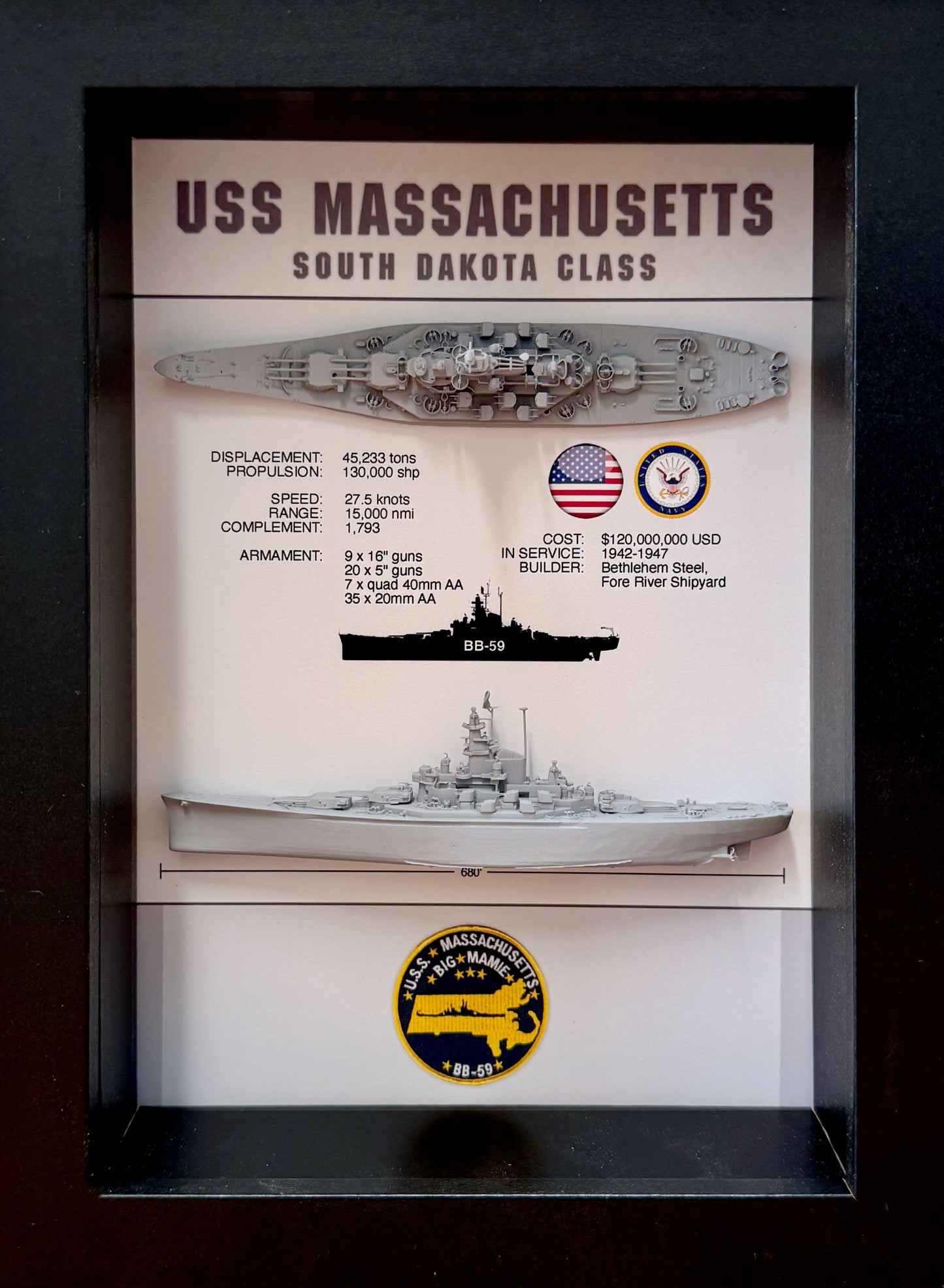 USS Massachusetts Memorial Display Shadow Box, BB-59, WW2, 6" x 8", South Dakota