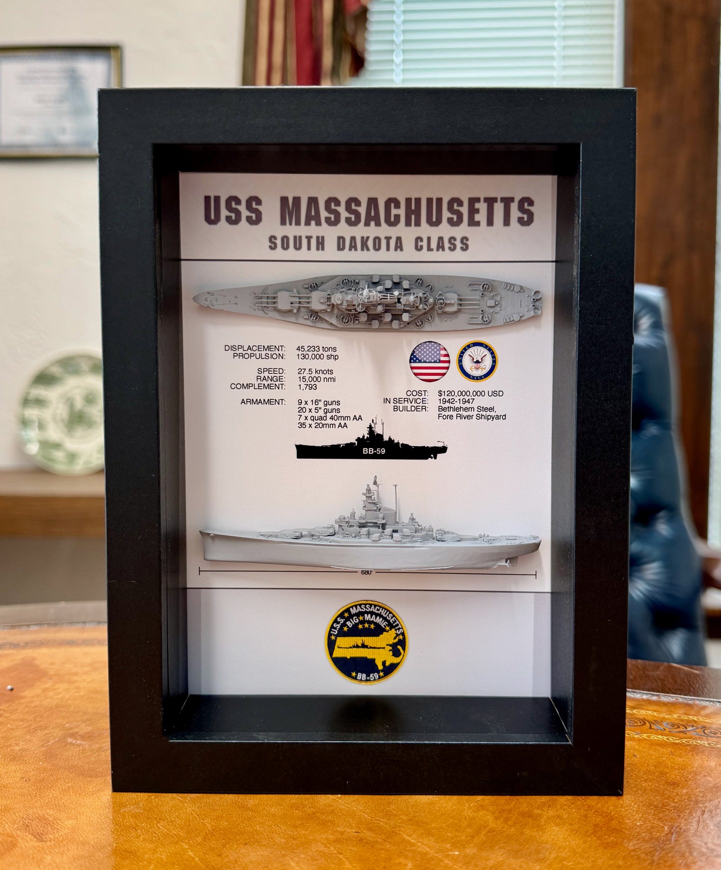 USS Massachusetts Memorial Display Shadow Box, BB-59, WW2, 6" x 8", South Dakota