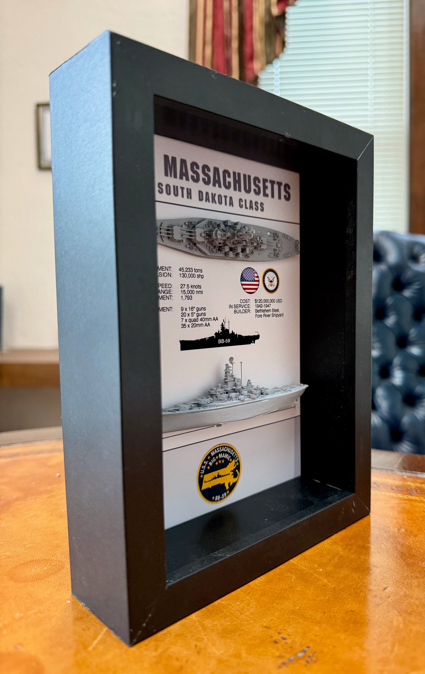 USS Massachusetts Memorial Display Shadow Box, BB-59, WW2, 6" x 8", South Dakota