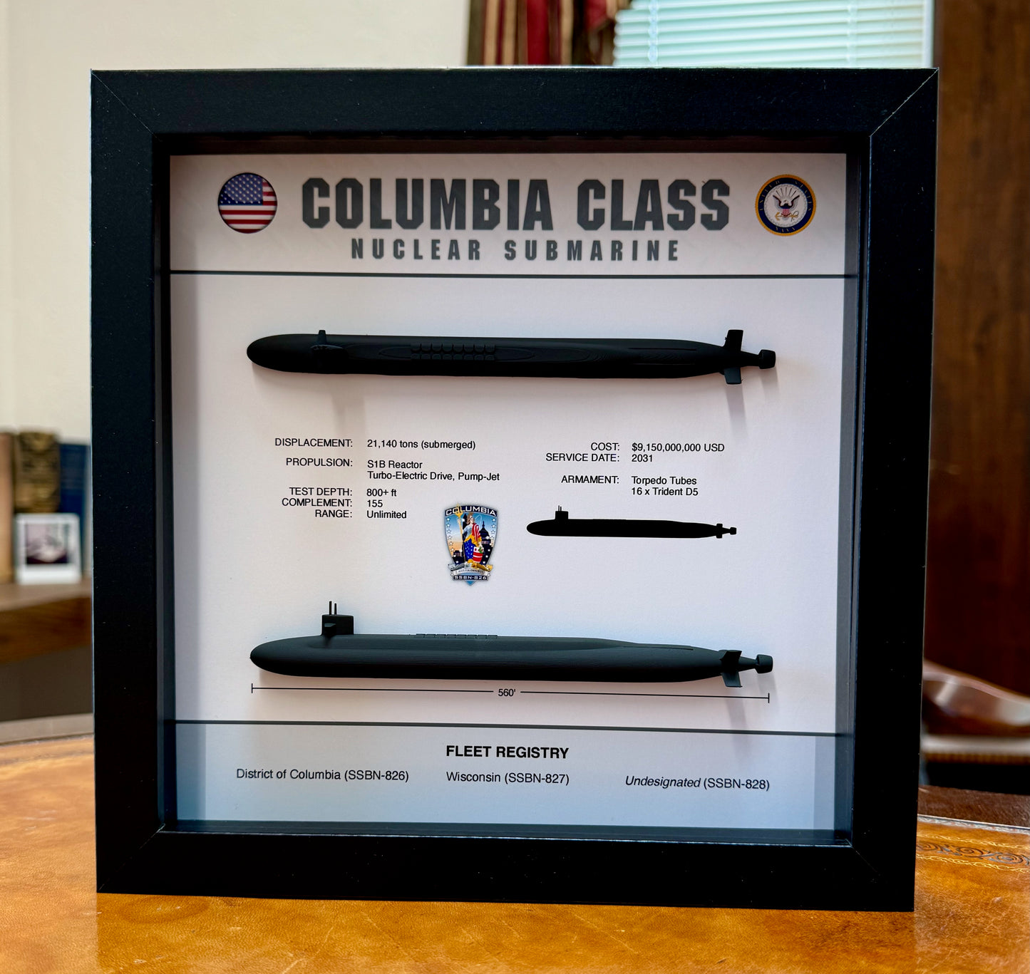 Columbia Class Submarine Memorial Display Shadow Box, 9" x 9", Large, Black