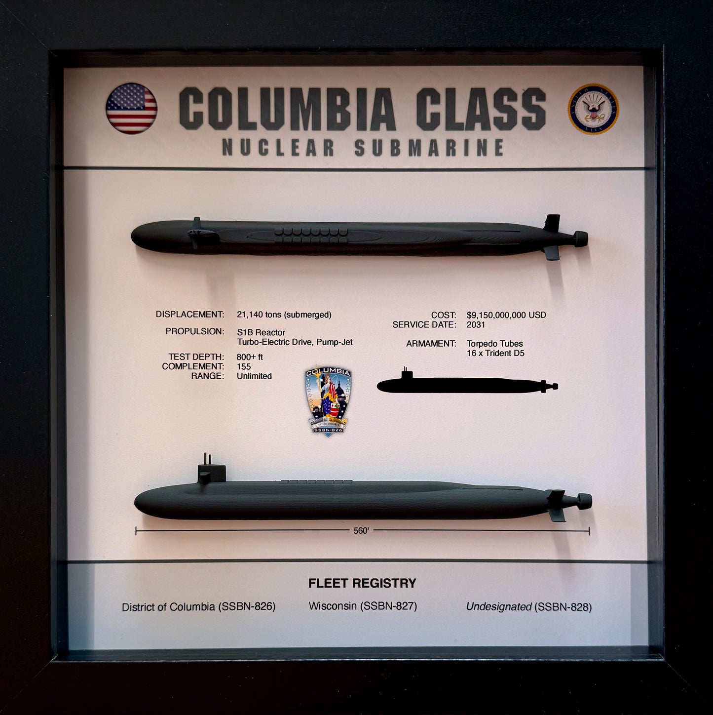 Columbia Class Submarine Memorial Display Shadow Box, 9" x 9", Large, Black