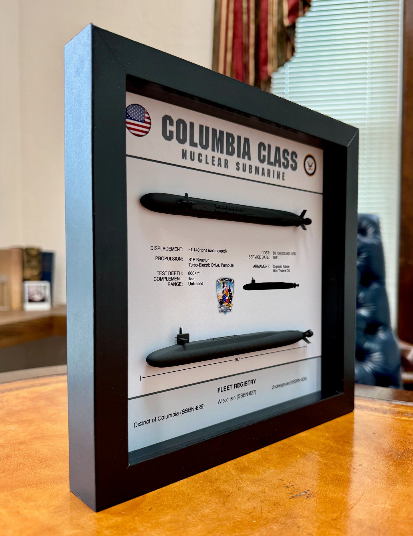 Columbia Class Submarine Memorial Display Shadow Box, 9" x 9", Large, Black