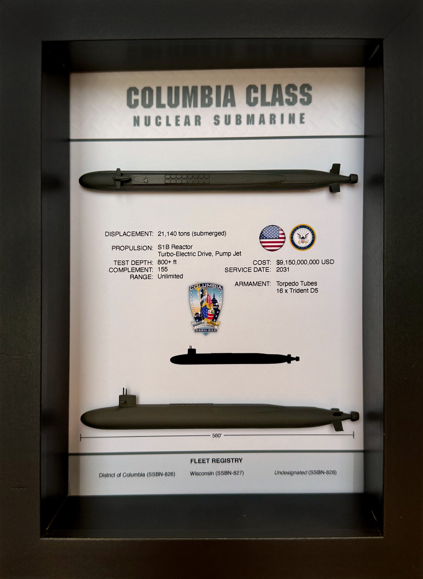 Columbia Class Submarine Memorial Display Shadow Box, 6" x 8", Black