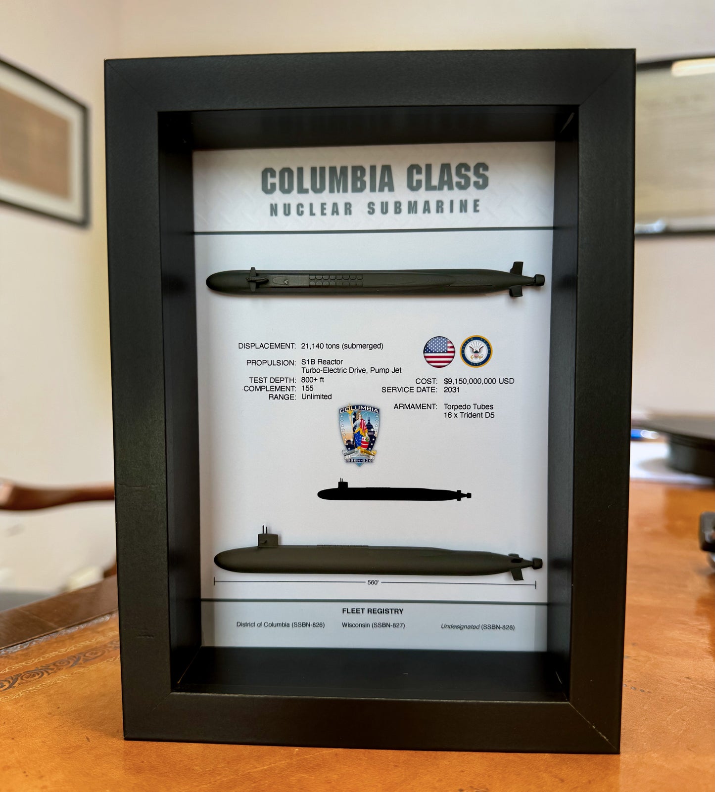 Columbia Class Submarine Memorial Display Shadow Box, 6" x 8", Black