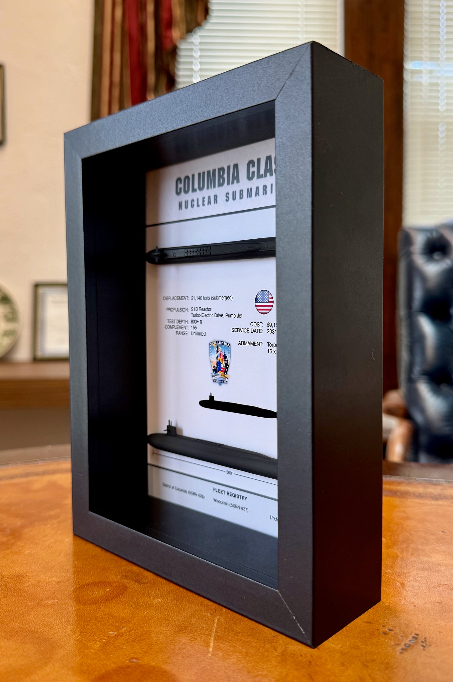 Columbia Class Submarine Memorial Display Shadow Box, 6" x 8", Black